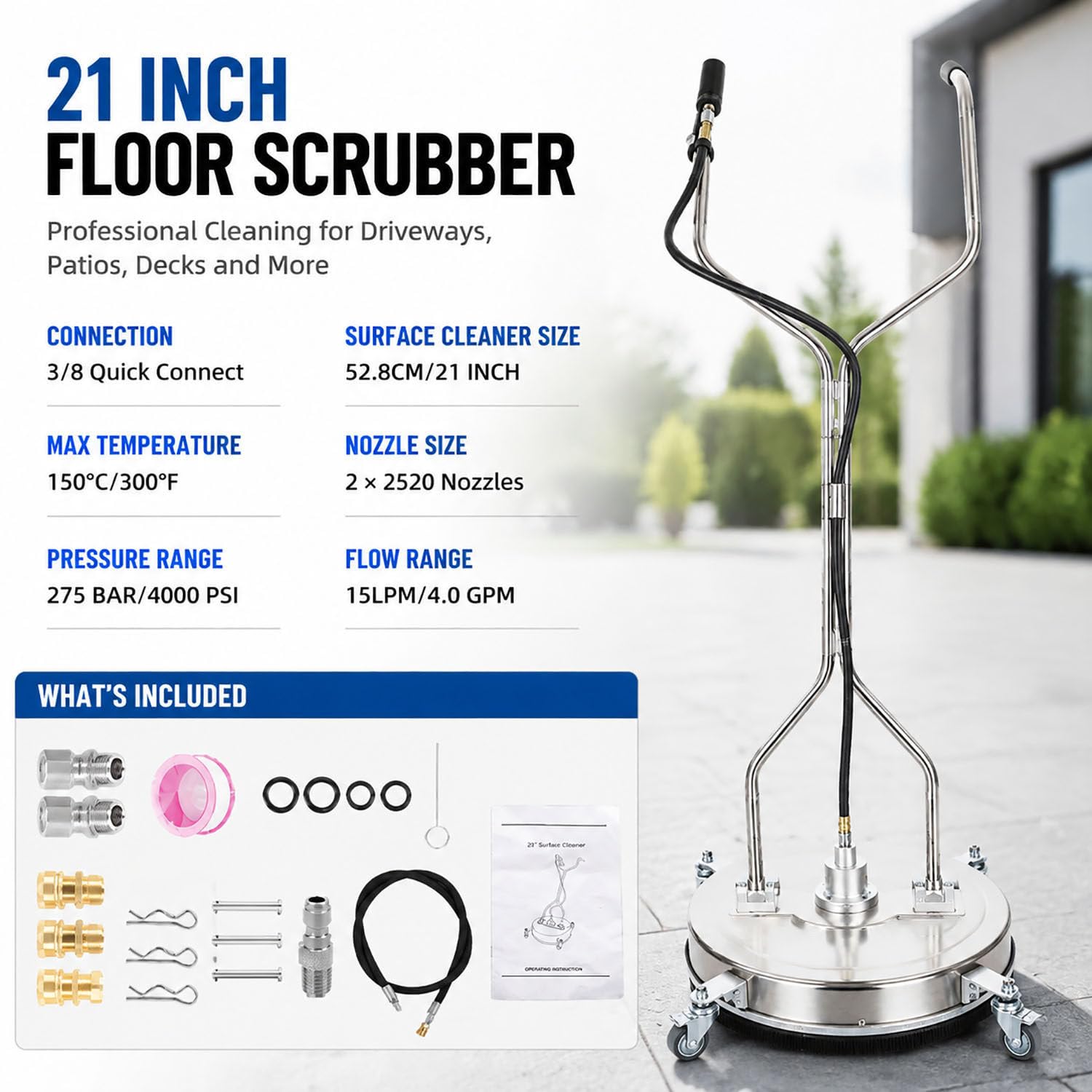 Idropulitrice per superfici, Accessorio in Acciaio Inox 4000 PSI/275 Bar, Doppia Impugnatura, 4 Ruote, 2 ugelli, Acqua Calda, per vialetti, patii e marciapiedi 21Inch
