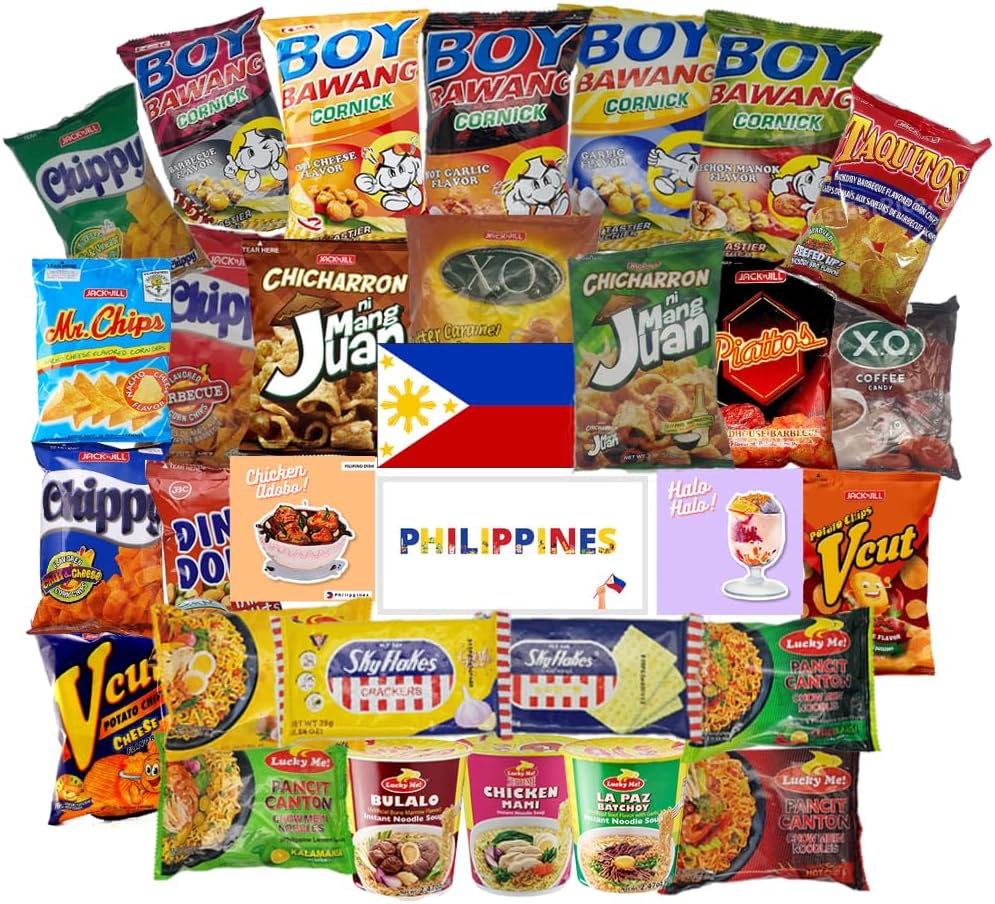 Filipino Snacks Box Variety Pack Assortment of 10 Authentic Food Products like Boy Bawang, Lucky Me, JackNJill, Skyflakes and more with Philippines Flag and Pride Stickers