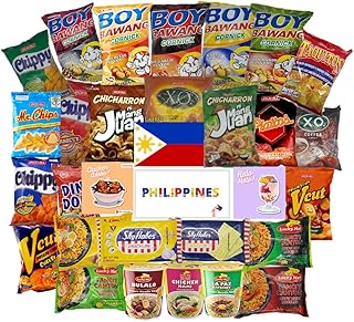 Filipino Snacks Box Variety Pack Assortment of 10 Authentic Food Products like Boy Bawang, Lucky Me, JackNJill, Skyflakes and more with Philippines Flag and Pride Stickers