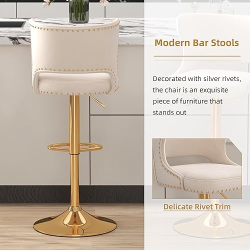 Miniatura 7 de Juego de 2 taburetes de bar, taburetes de bar de terciopelo ajustables en altura de mostrador, sillas de comedor modernas giratorias para isla de