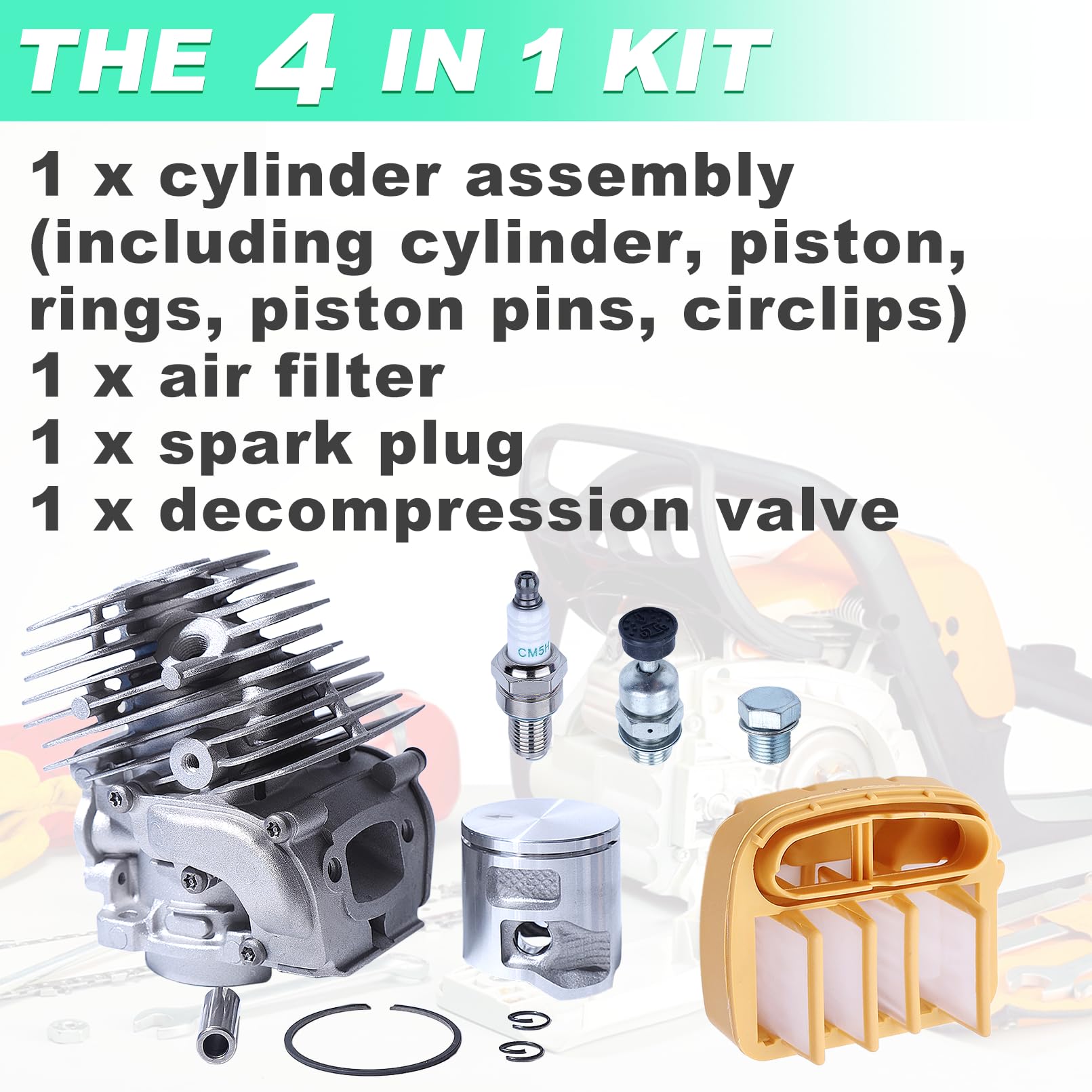 Pistón y Cilindro para Husqvarna 545 550 550XP Motosierra, ADEFOL Kit de Cilindro con Filtro de Aire Bujía y Válvula de Descompresión Piezas de Repuesto Accesorio Duradero