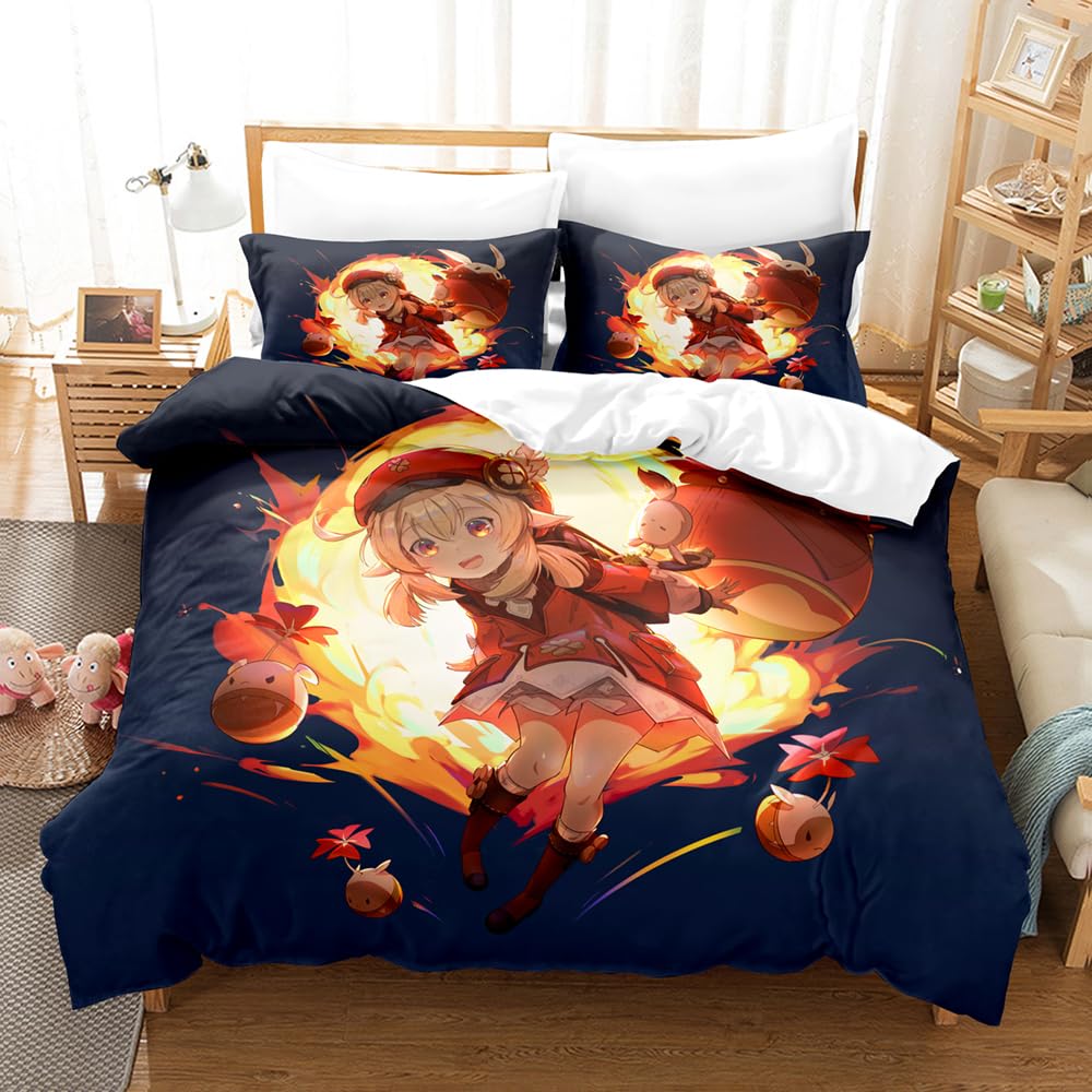 100% Pure Cotton Genshin Impact Duvet Cover Set with Hidden Closure, 3 Pieces Soft Home Accessories Bedding with 1 Cover and 2 Pillowcases (220x230cm(King),Genshin 01)