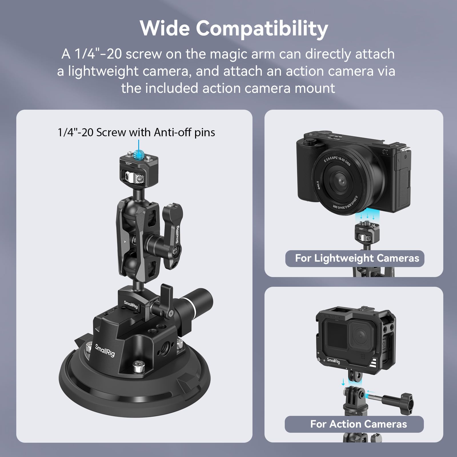 SMALLRIG 4" Camera Suction Mount with Ball Head Magic Arm, Kamera Saugnapfhalterung mit Kugelkopf-Zauberarm, Autohalterung für leichte Kamera/Action Kamera/Telefon, Maximale Belastung 3 kg – 4236C