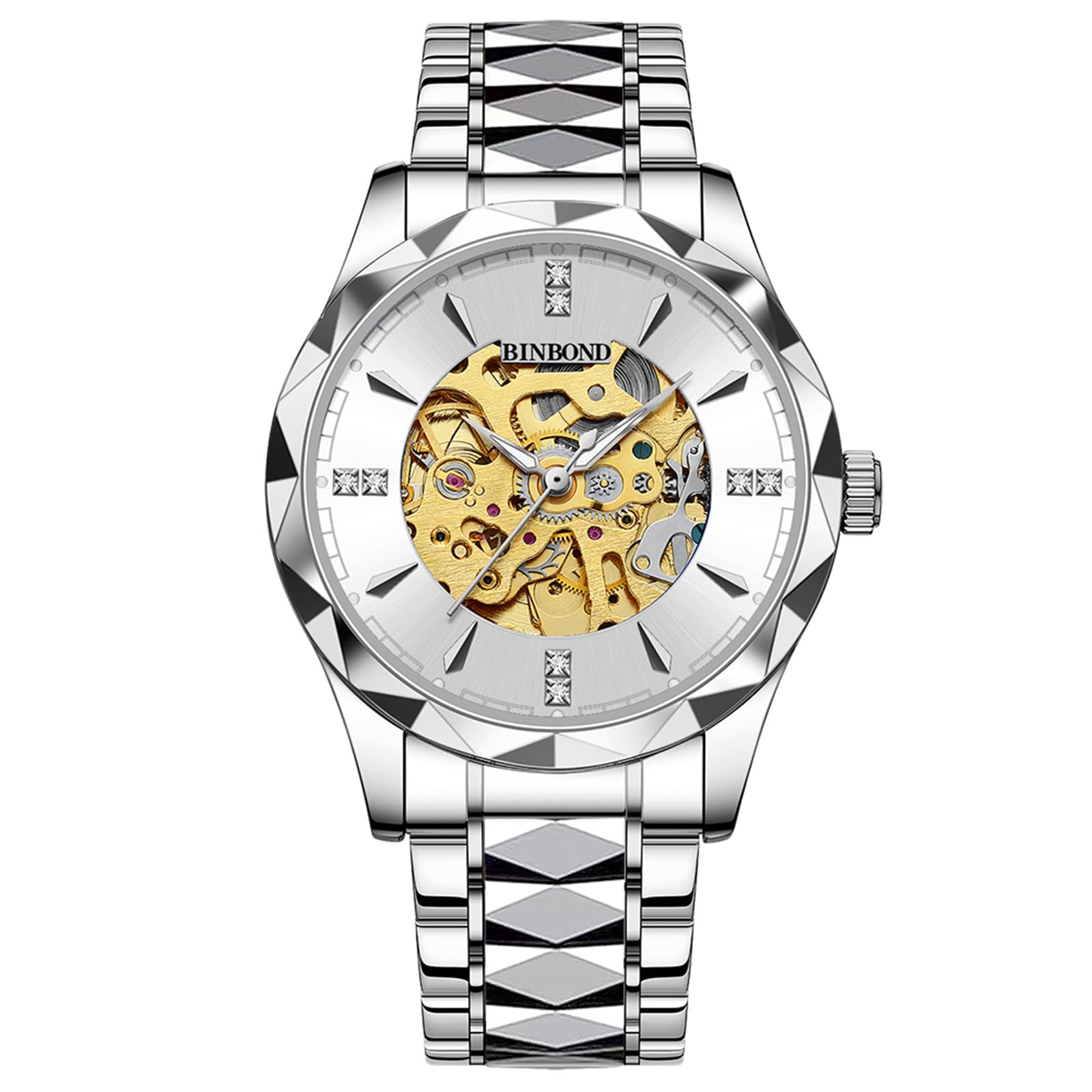 JewelryWe Orologio da Polso Meccanico Automatico: Orologio da Uomo Impermeabile Scheletro Orologi Lusso Diamante Luminoso Cinturino in Acciaio Inossidabile