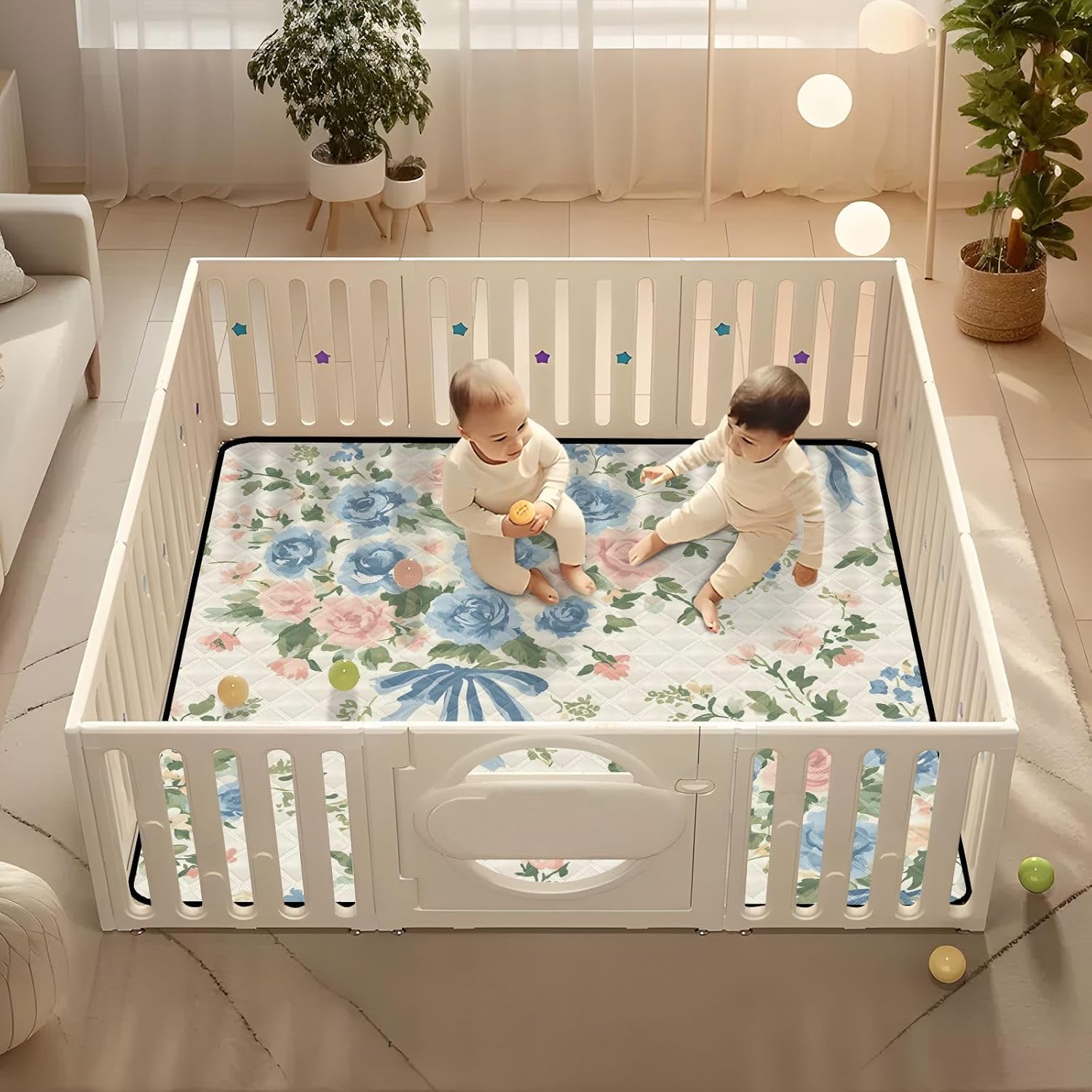 Doodle Colorful Flower Pattern Baby Play Mat, 50“ X 50” Washable Folding Crawling Mat, Baby Floor Mat, Soft, Thick, Non-Slip