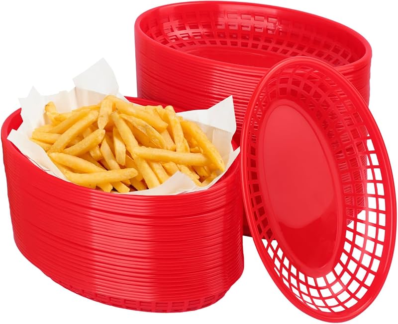80 Pcs 9 x 5.7 Inch Reusable Oval Fast Food Baskets, Sturdy Plastic Serving Baskets for Fast Food, Parties, Picnics, BBQs and Snacks, by KUKLIPJIM.(Red)