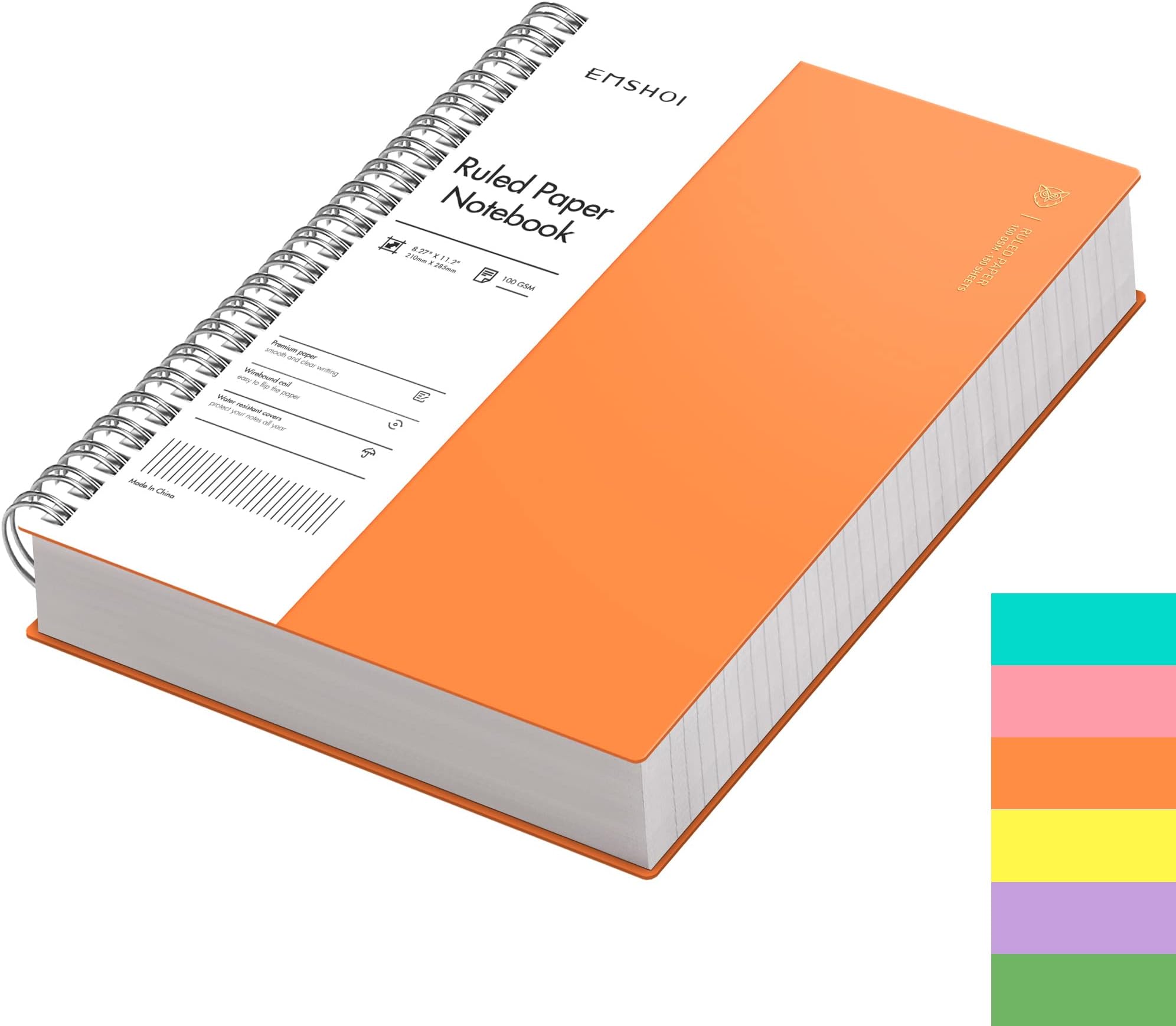 EMSHOI A4 Spiral Notebook College Ruled Lined Journal, 11.2" x 8.27", 300 Pages, 100gsm Thick Paper, Waterproof Softcover, Twin-Wire Binding, Sticky Notes, Orange