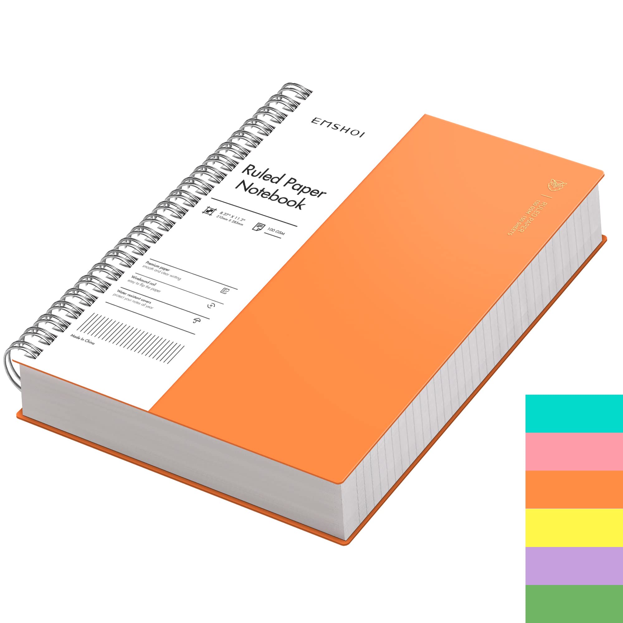 EMSHOI A4 Spiral Notebook College Ruled Lined Journal, 11.2" x 8.27", 300 Pages, 100gsm Thick Paper, Waterproof Softcover, Twin-Wire Binding, Sticky Notes, Orange
