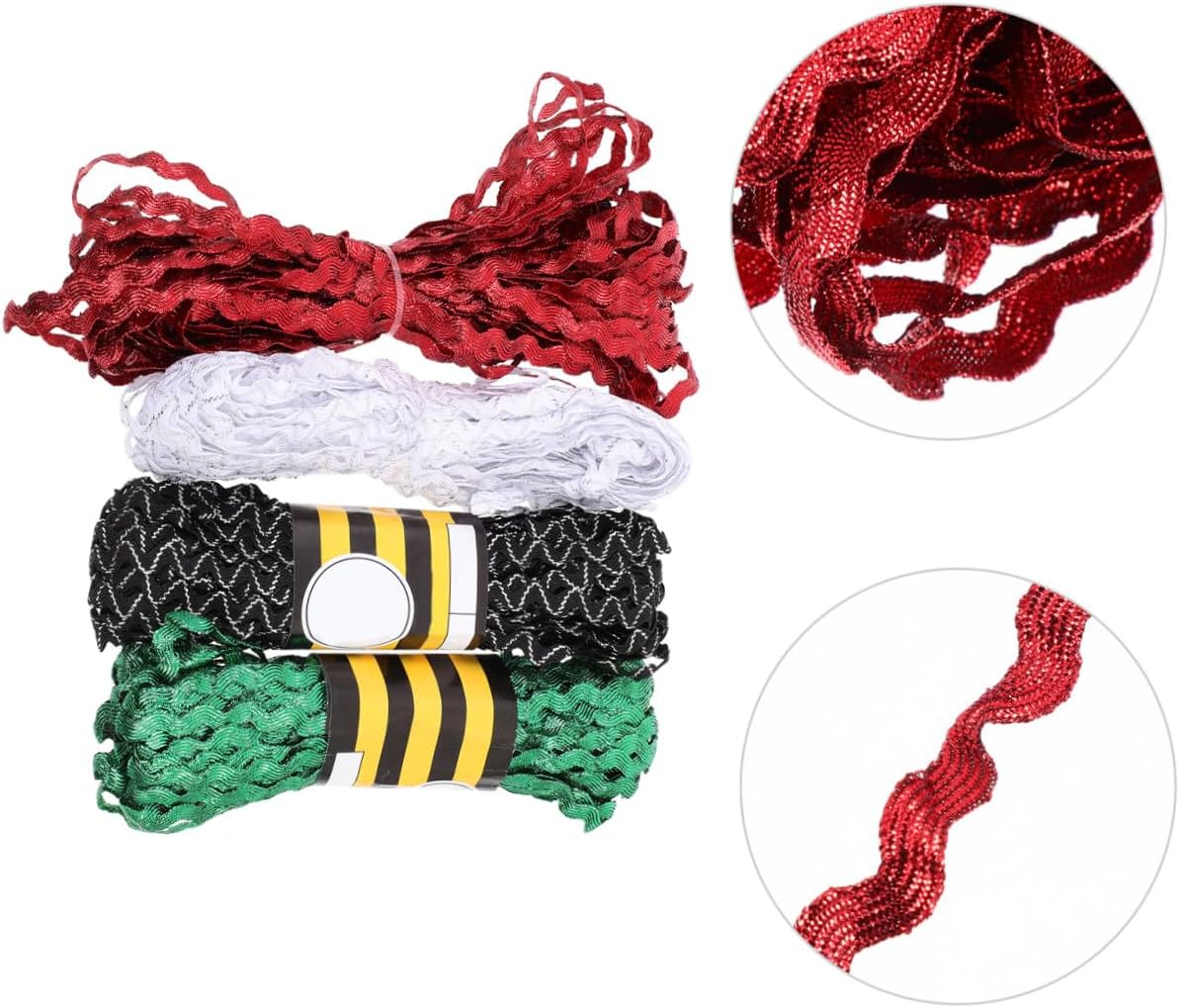 MAGICLULU 4 Rolls 15-Yard Bright Ribbon Trim 5mm Curved S-Shaped Fringe Sewing Craft Ribbon for DIY Dress Making, Red Green White Black-White Colors, Arts Crafts Decor