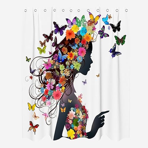 Juego de cortina de ducha de tela para bañeras de niña negra diseño floral con 12 ganchos 72 x 72 pulgadas de poliéster lavable a máquina rosa negro