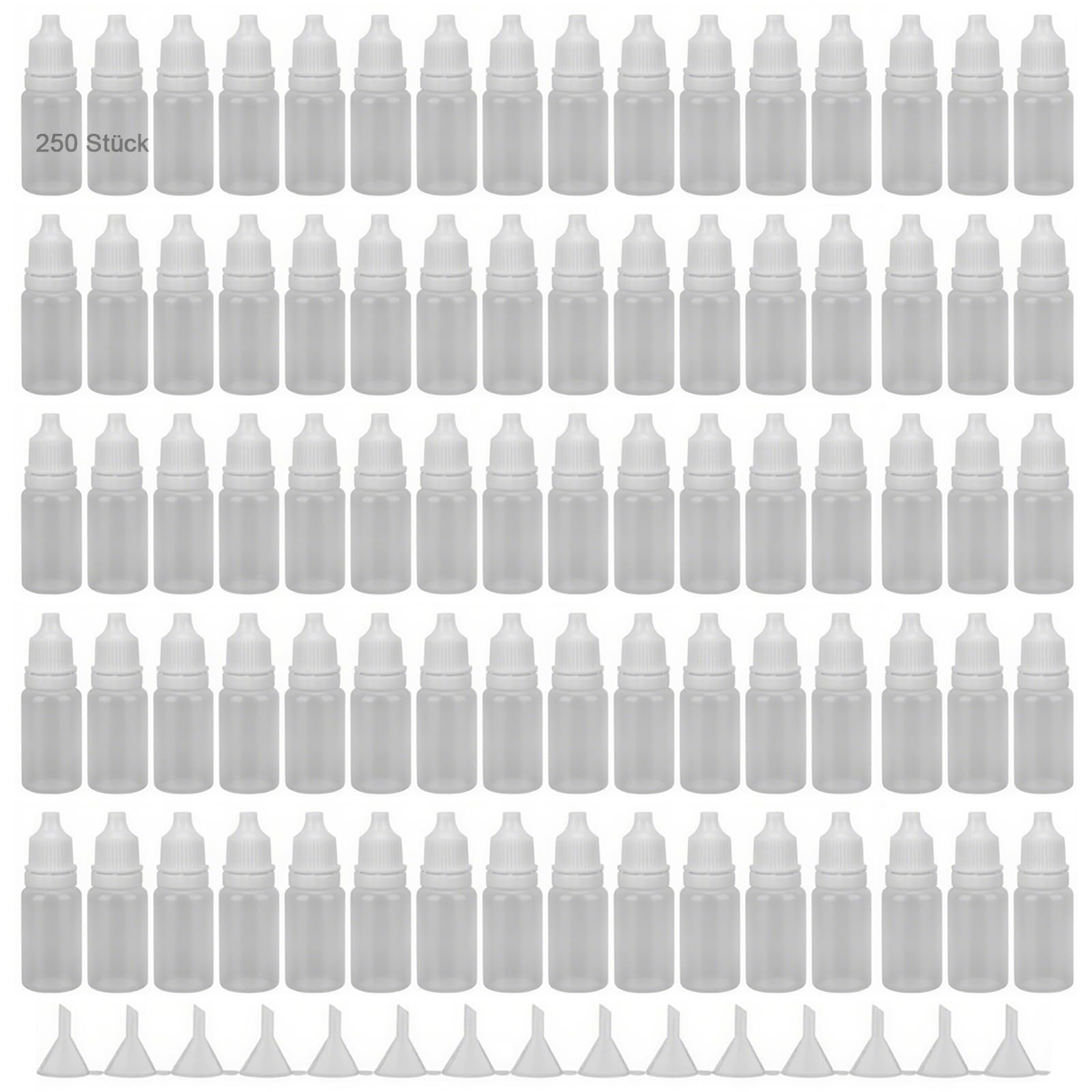 250 sztuk butelek z kroplomierzem 10 ml, z tworzywa sztucznego, małe plastikowe butelki do napełniania, z 15 lejkami i zakrętką, mała butelka do wyciskania olejków eterycznych, krople do oczu