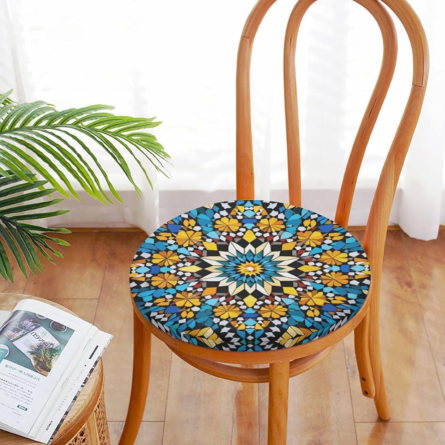 Moroccan Color Pattern 1.3 * 15.3 Inch Diameter Round Cushion,Memory Foam Seat Cushion with Removable Cover,Chair Pad for Porch Garden Balcony Patio Furniture Stools