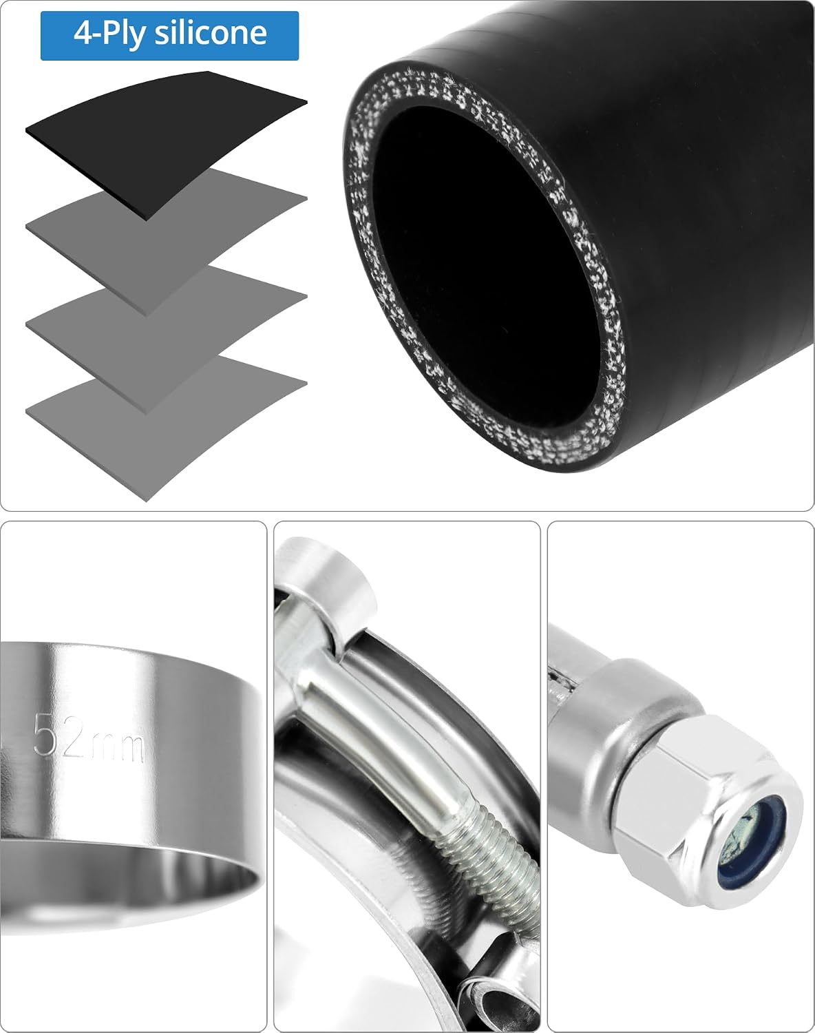 QWORK Straight Coupler Hose with Stainless Steel T-clamps, 2 Pcs 1-1/2 inch ID 4-Ply Reinforced Silicone Hose for Marine and Industrial