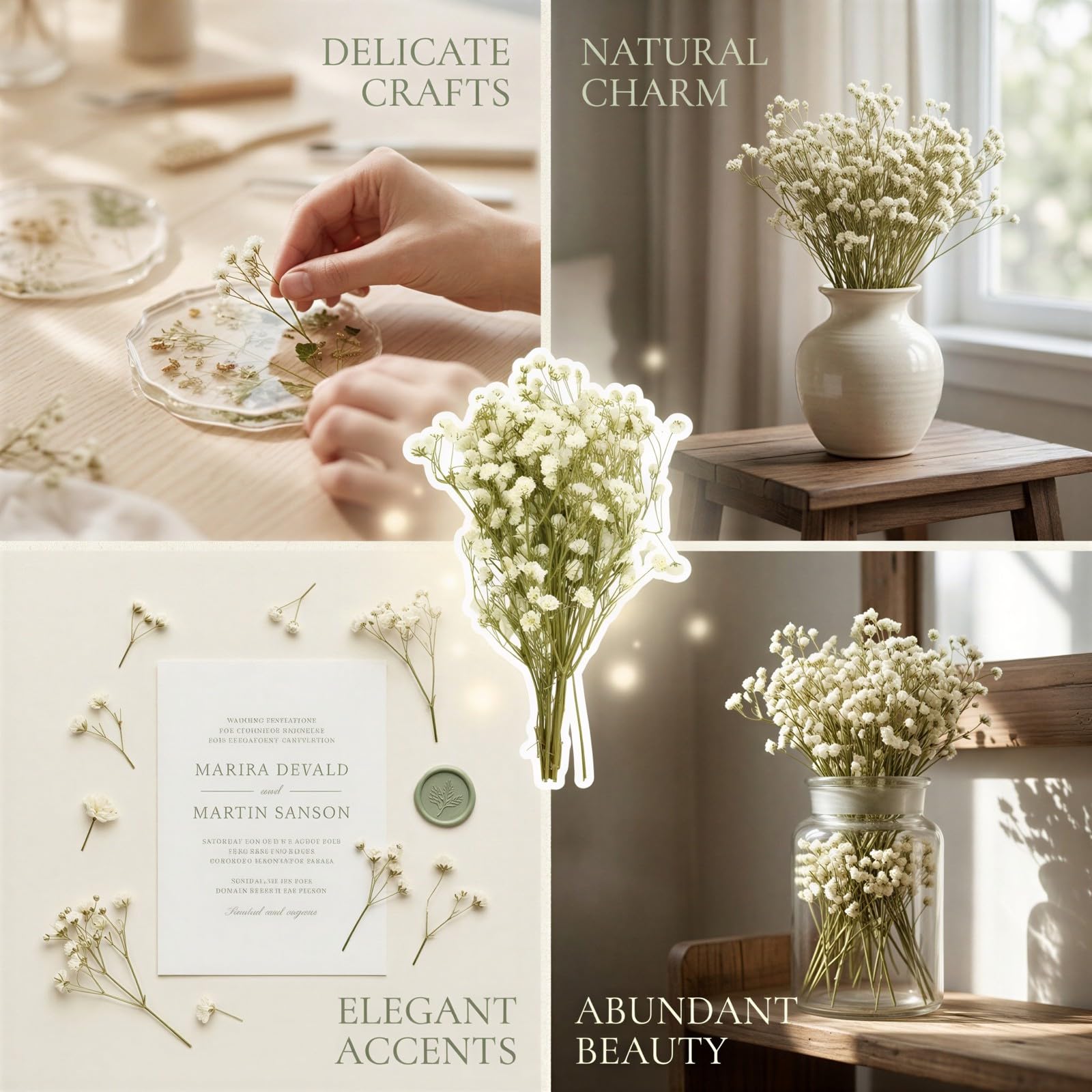 Lot de 200 Fleurs séchées gypsophile, gypsophila Naturelle avec tiges Vertes, Mini Fleurs Blanches pour Invitations de Mariage, Art résine, Cartes, Bricolage et déco de Table Maison
