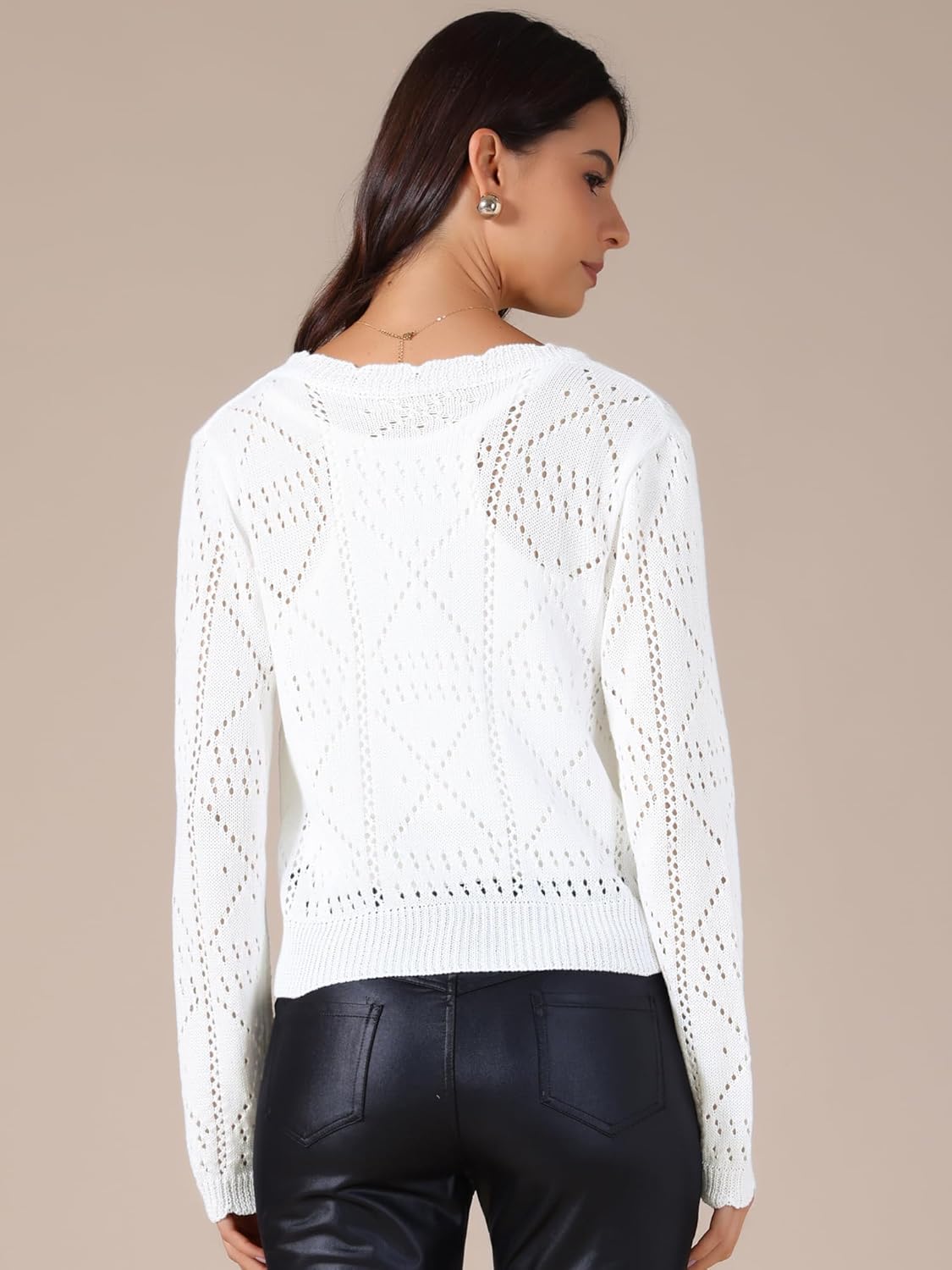 Allegra K Women's Crochet Cardigan Long Sleeve Cropped Knit Sweater Button Up Casual Beach Coverups - Image 4