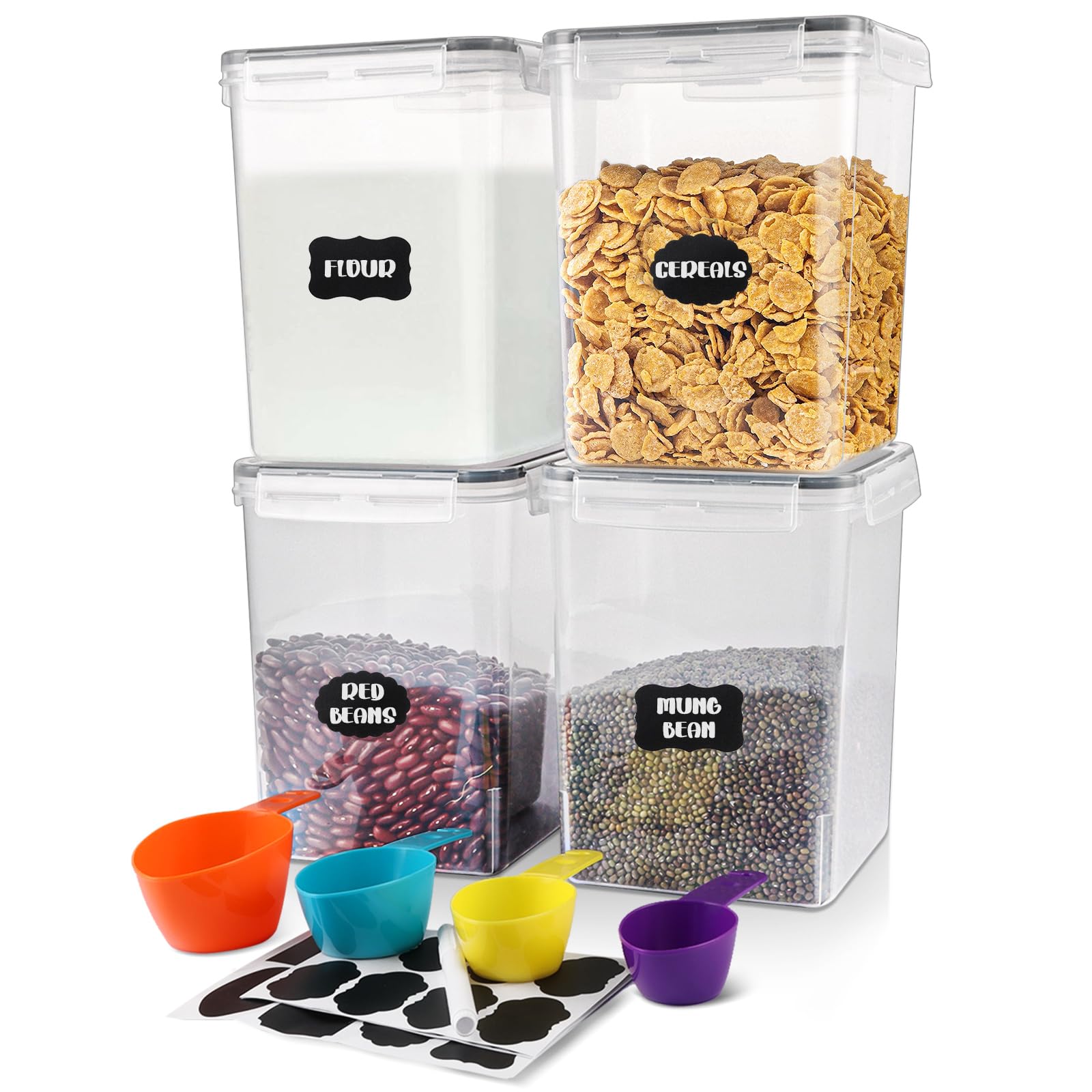 4 barattoli grandi da 5,2 l con coperchio, set di 4 contenitori ermetici con adesivi, penne e misurini, in plastica, senza BPA, per farina, cereali, zucchero