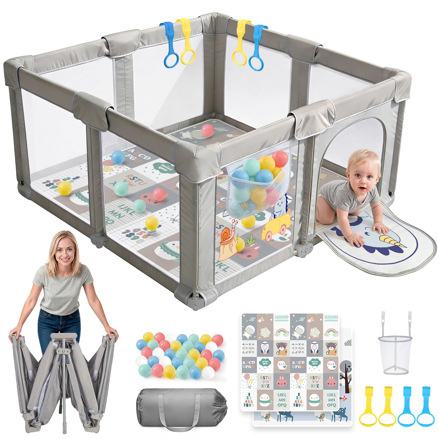 Box pieghevole per bambini, con materasso, rete traspirante a 360°, Oxford 300D, parco giochi sicuro per bambini, per interni ed esterni, con custodia, 50 palline, 4 trenini (dinosauro, 130 x 130 x 70