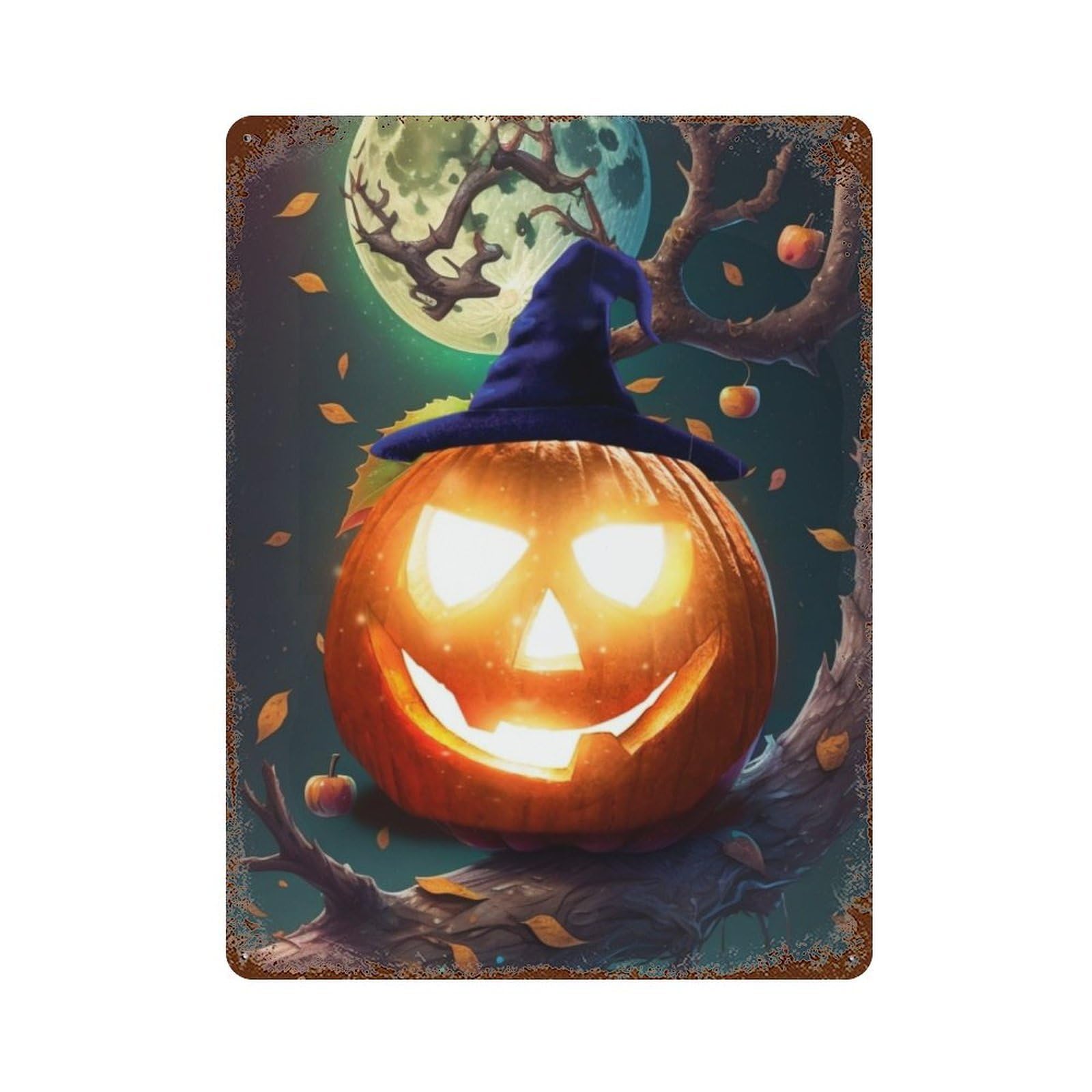 Rust Effect Halloween Pumpkin with Witch Hat Decorative Tin Sign 15.7"x11.8", Classic Wall Plaque for Pub, Kitchen And Man Cave Decor