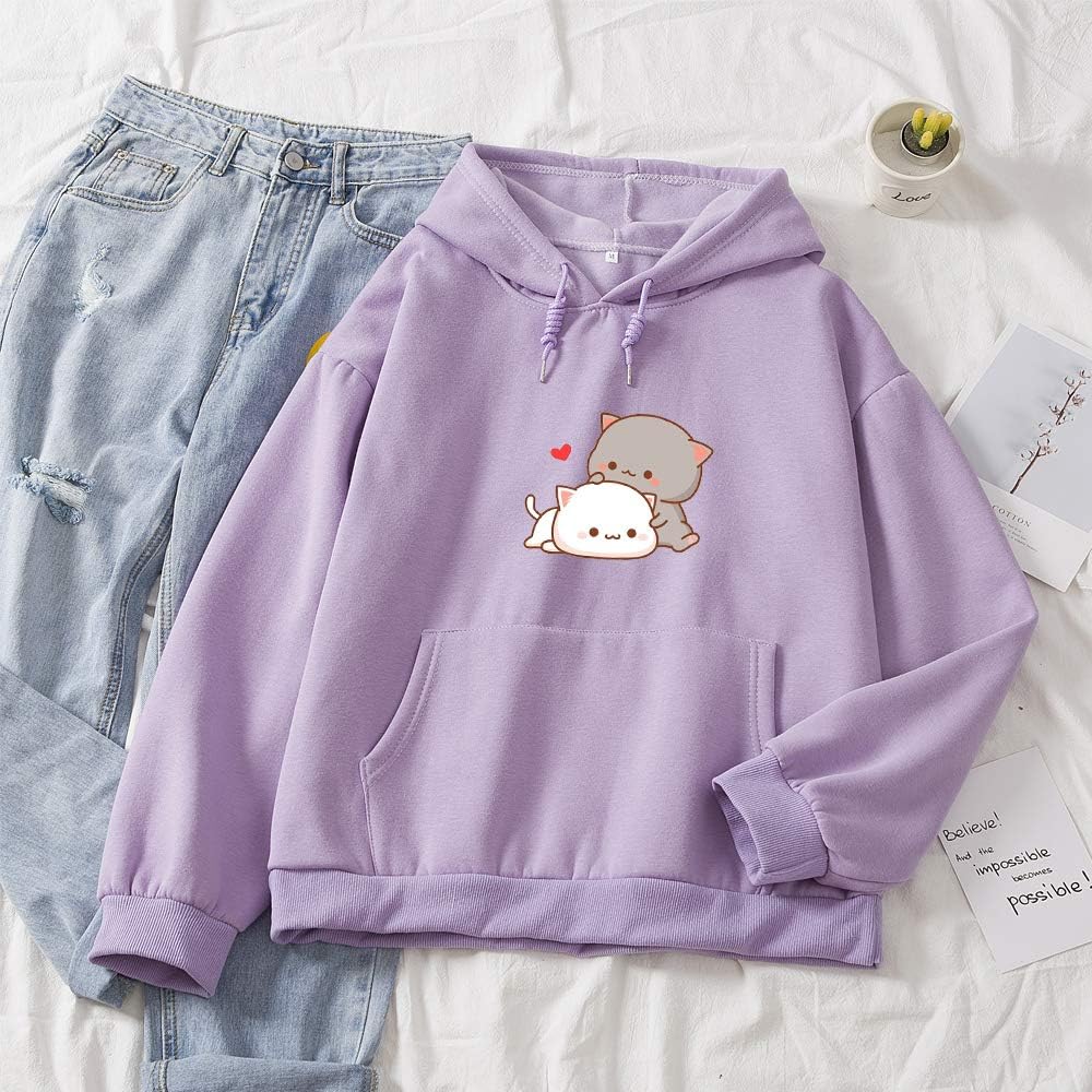 Women Kawaii Cartoon Cute Cat Graphic Casual Cotton Pullover Hoodies Sweatshirt - Image 2