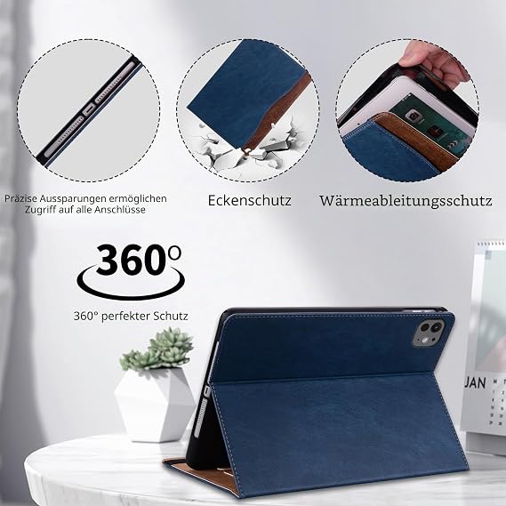 Case for iPad Pro 13 Inch M5/M4 (2025/2024) Premium PU Leather Folding Stand Protective Case with Pen Holder and Document Slots Blue
