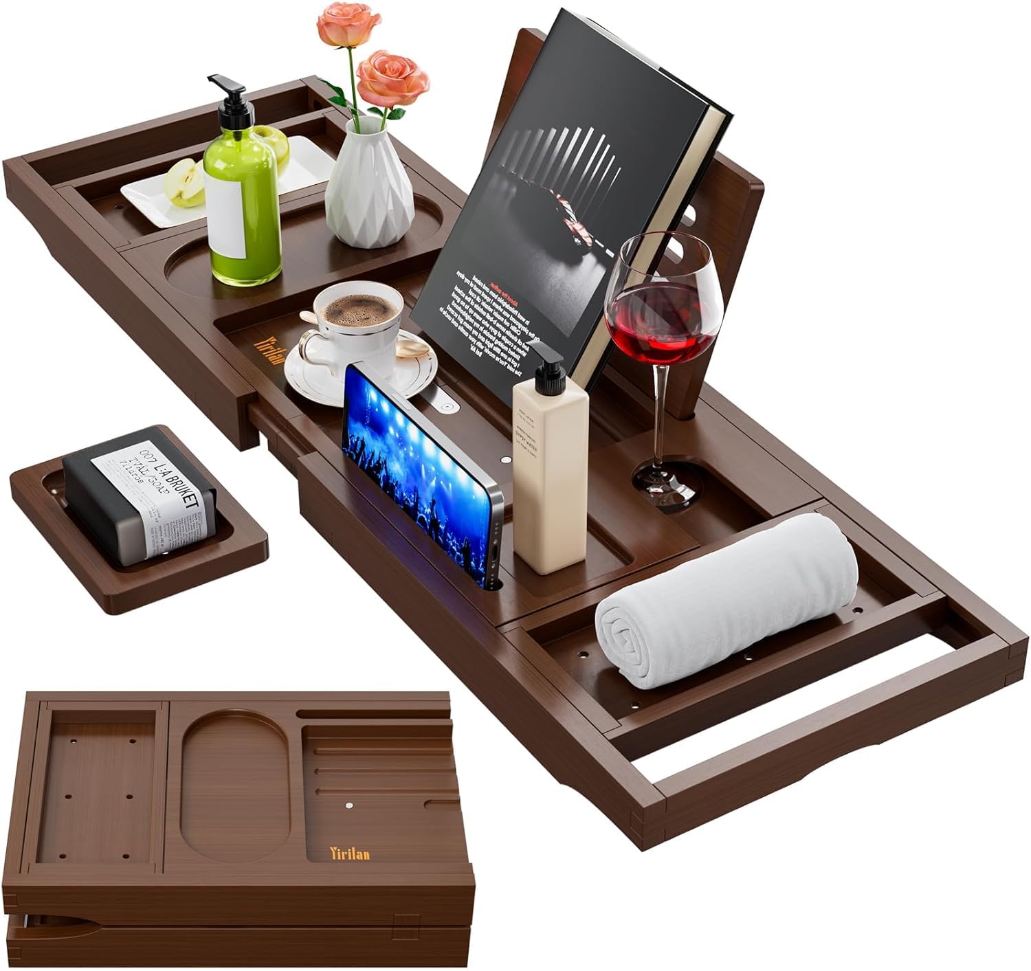 Plateau de bain en bambou extensible, Accessoire Salle de Bain, Plateau Réglable avec Porte-boisson, Serre-livres et Positions Fonctionnelles