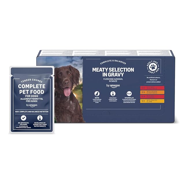by Amazon Alimento Completo para Perros Adultos - Selección de Carne en Salsa, 4,8kg (48 Paquetes de 100g)