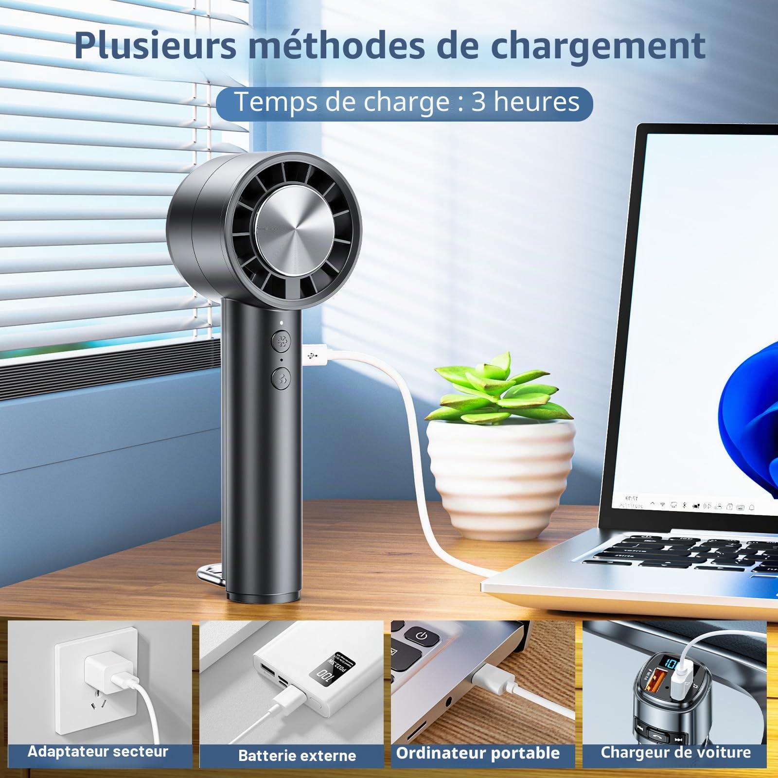 OUILA 4000mAh Mini Ventilateur Portable avec Fonction de Compresse Froide et Crochet en D, Rechargeable à 5 Vitesses Petit Ventilateur de poche pour Bureau Maison Extérieur