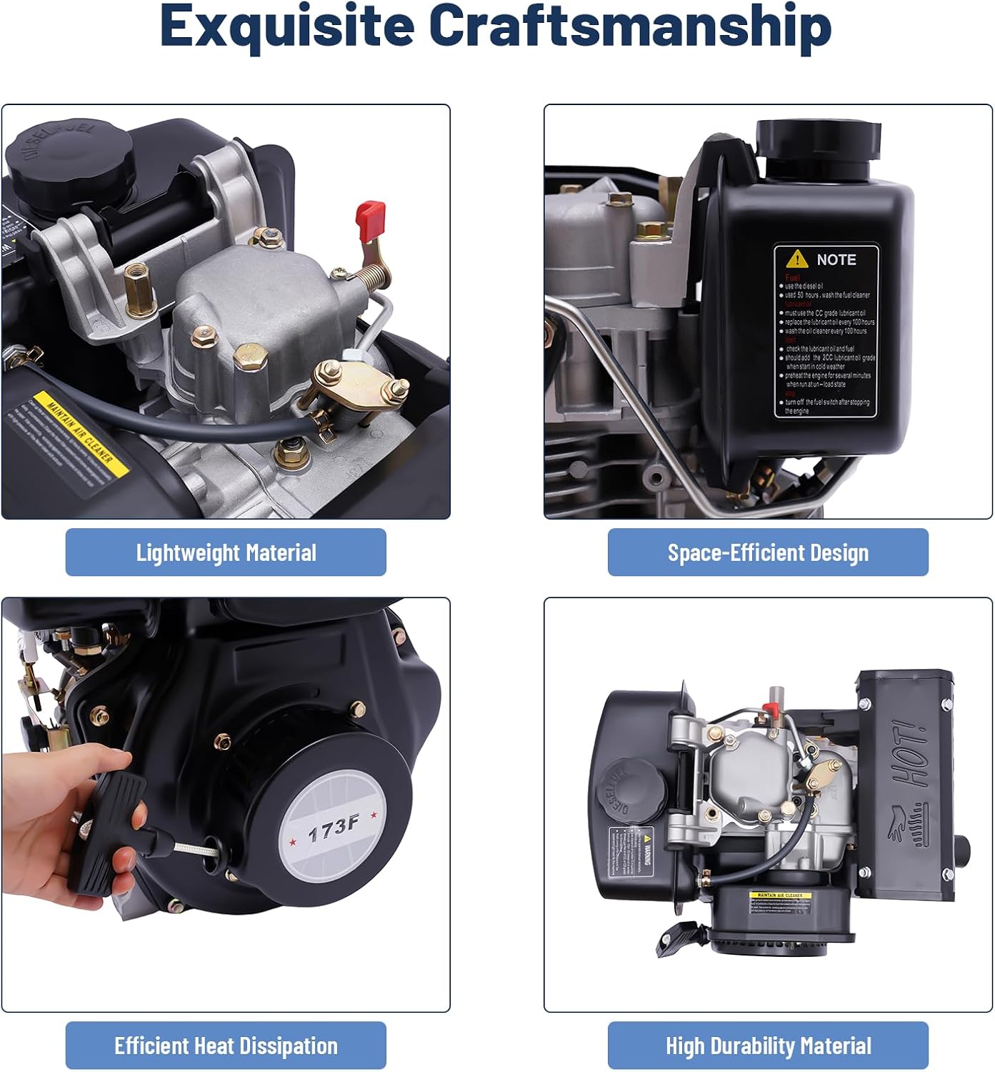 Go Kart Motor Engine, Diesel Engine, 4 Stroke 5HP 247CC Engine Air Cooling Single Cylinder Motor Recoil Hand Start 3600RPM Multi-Use Engine for Go Kart Mini Bike Log Splitter Pressure Washer