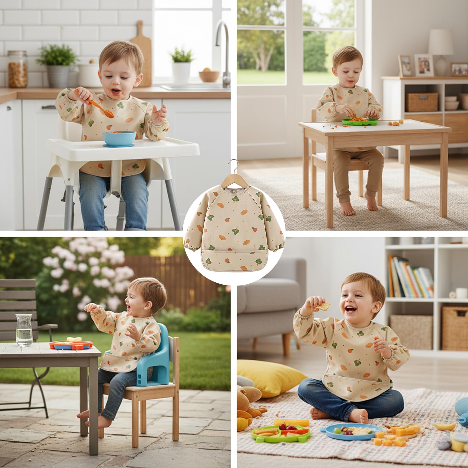 2 Pcs Baberos con Mangas, 6 a 24 Meses, 42x37cm, Babero Impermeable Bebe con Bolsillo Grande y Cuello Elástico, para Comida de Bebé Accesorios de Guardería Diaria