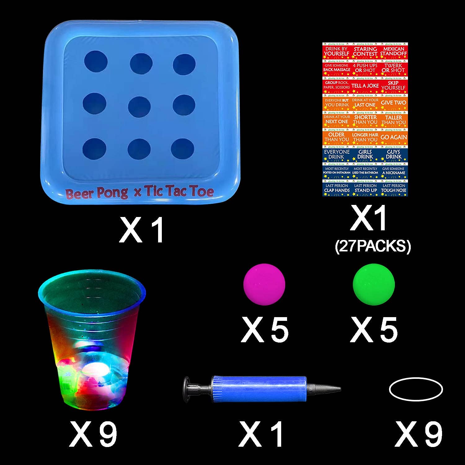 Estante flotante de 23 x 23 pulgadas para fiesta en la piscina, balsas flotantes de Tic Tac Toe, juego de fiesta de piscina, juego de bebida y soporte para bebidas, incluye 1 balsa, 9 tazas y 10 bolas 5