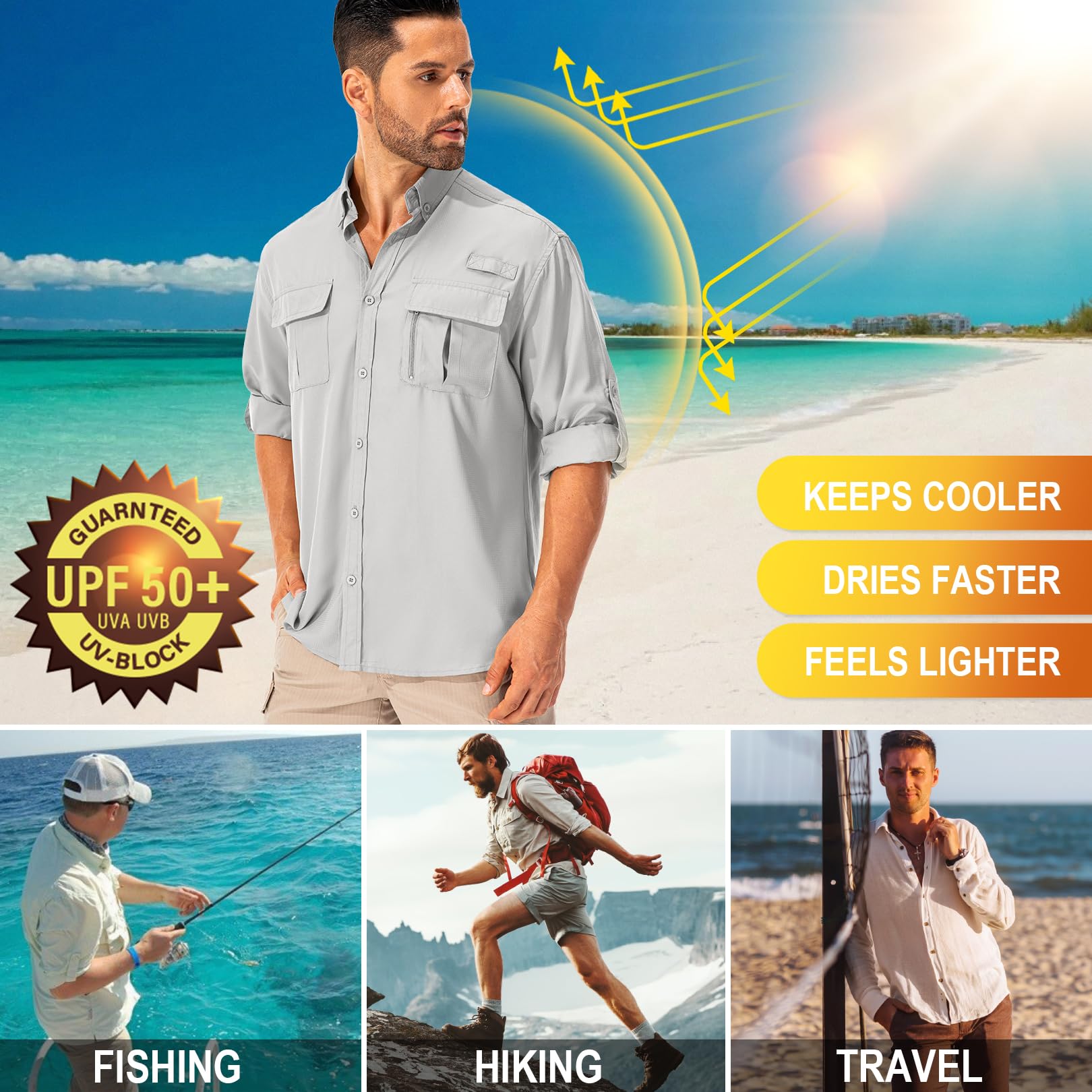 Asfixiado Camicia da uomo Safari UPF50+, a maniche lunghe, traspirante, ad asciugatura rapida, funzionale, per il tempo libero