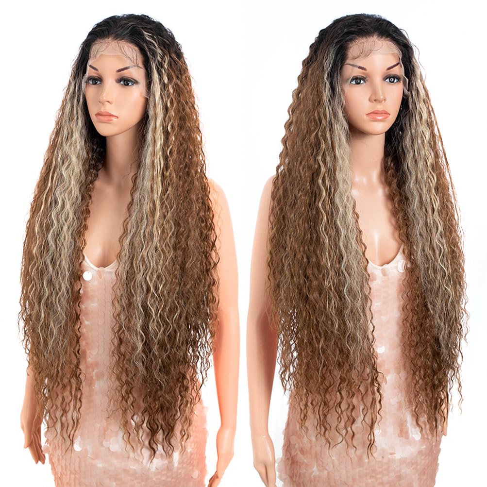 Style Icon 36” Super Long Curly Wig Easy 360 Lace Front Highlight Highlight Blonde Wig 13x4 Pre-Plucked Hairline Free Part Full Frontal With Baby Hair Heat Resistant(36", TTHL4/30F/613F)