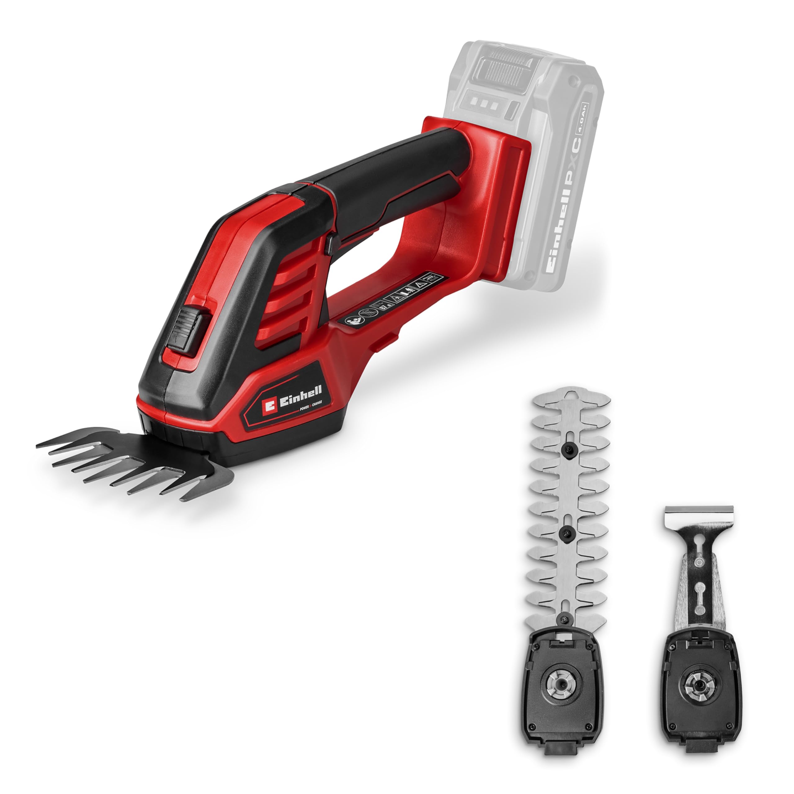 Cesoie per erba e cespugli a batteria Einhell GE-CG 18/100 Li - 3 in 1-Solo Power X-Change (18 V, incl. lama tagliaerba 100 mm, cesoie per arbusti 200 mm, testina a rastrello, senza batteria)