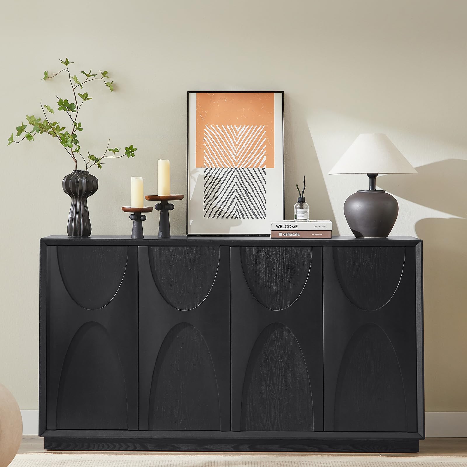 59" Sideboard Buffet Cabinet Retro Accent Storage Cabinet with Magnetic Door Latches Adjustable Shelf for Living Room Kitchen(Black)
