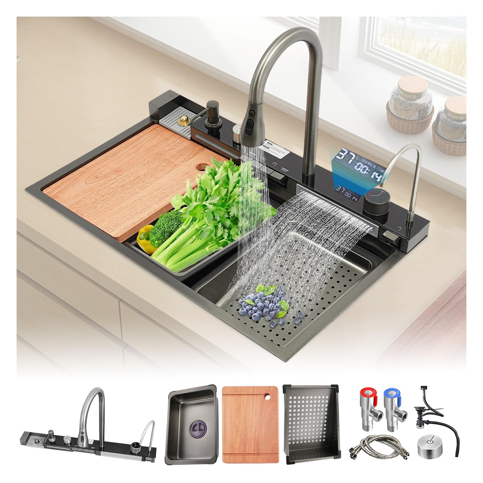 HYSOPSPX Kitchen Sink Stainless Steel Waterfall Multifunctional Digital Display Single Bowl Workstation with Integrated Pull-Out Faucet(Black,75x46x22cm)