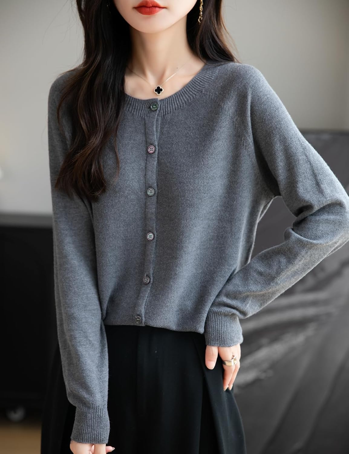 Women's Merino Wool Blend Cardigan Crew Neck Fall Winter Long Sleeve First-Line Ready to Wear Seamless Knit - Image 5