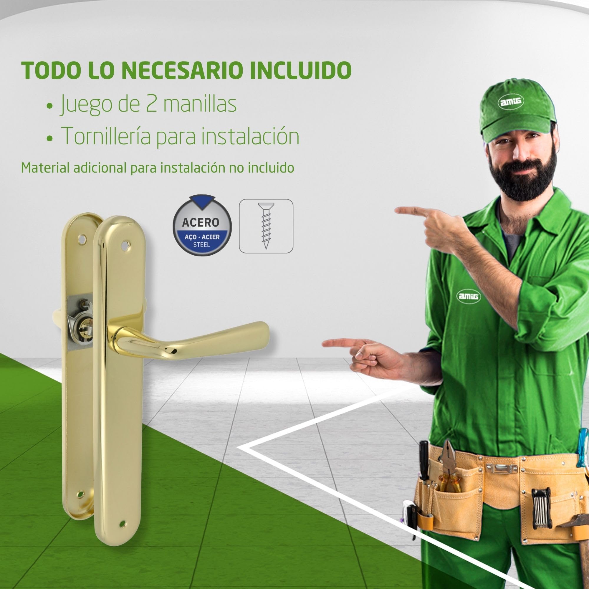 Amig - Juego de Manillas de Placa de Latón - Modelo 252P Medida: 250 x 40 mm - Cuadradillo de 8 mm - Resistente a la Corrosión, Incluye tornillería - Acabado: Latonado barnizado