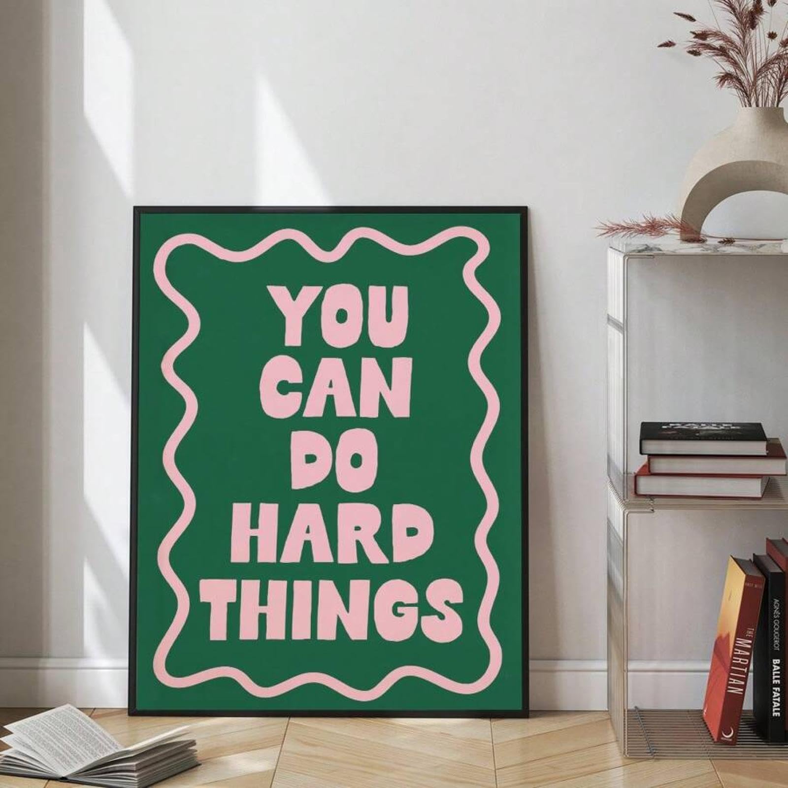 XINBAO Arte murale, stampa su tela You Can Do Hard Things, poster rosa e verde, poster di affermazione con promemoria giornaliero, camera da letto femminile 80x110 cm con cornice