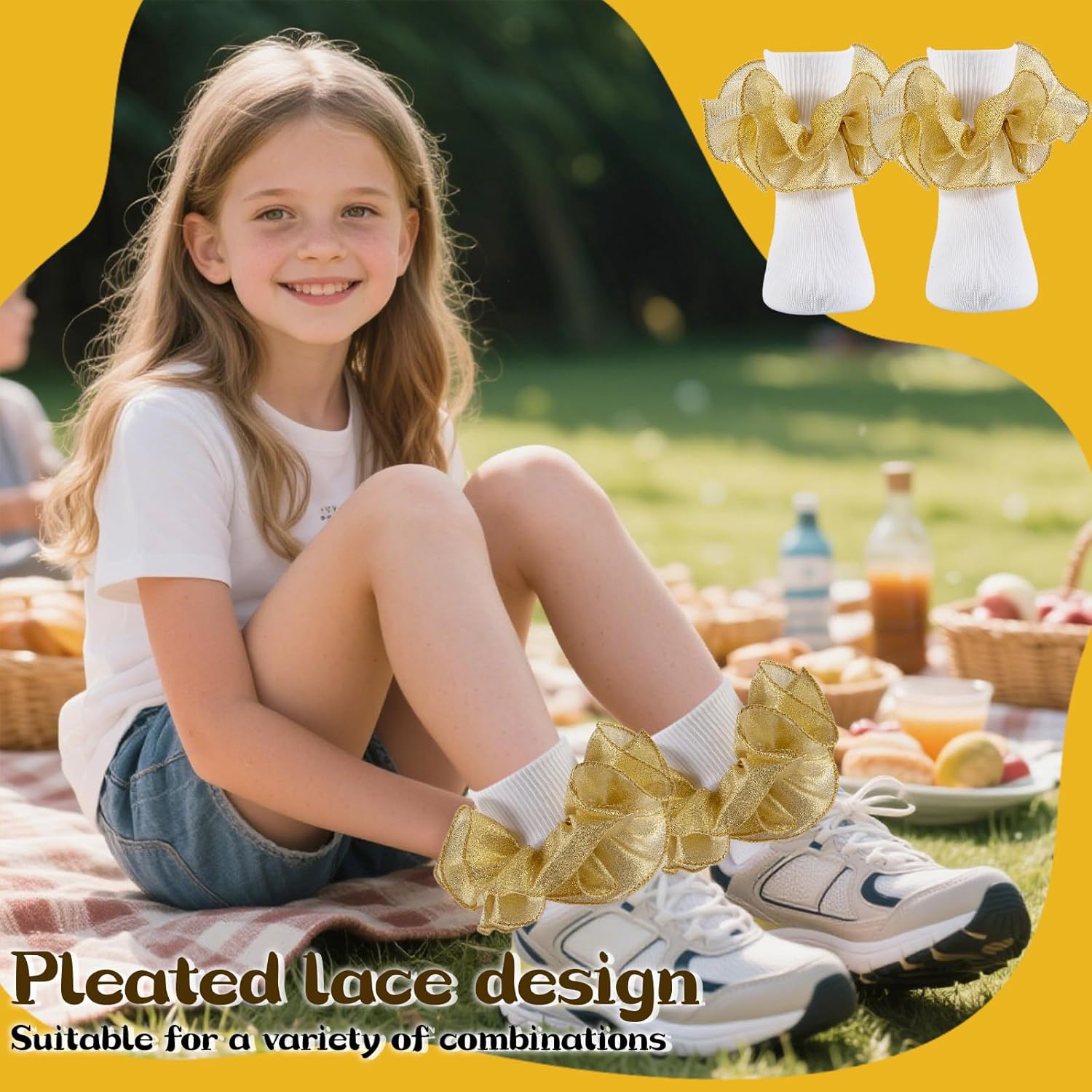 Girls Ruffle Socks Toddler Girl Frilly Lace Dress With Gold Silver Ruffles Fold Over Cuff Sock 4 Pairs Pack - Image 3