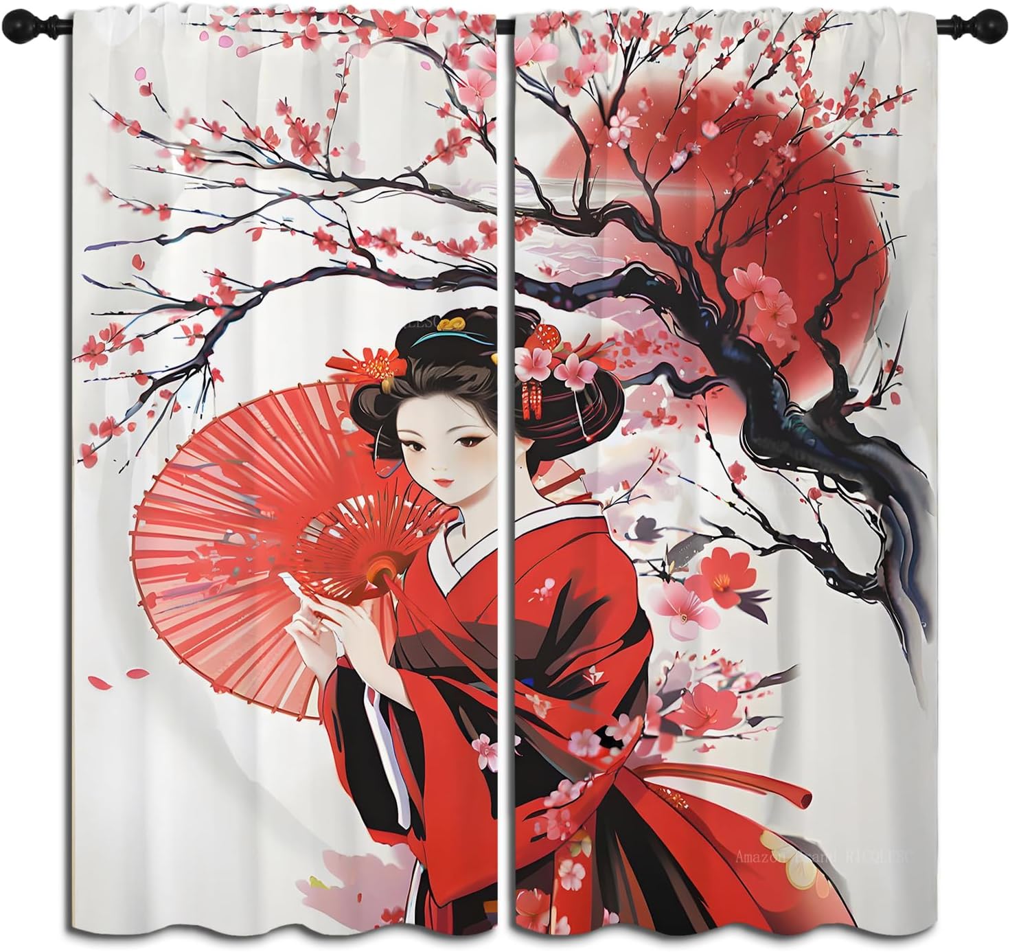 Geisha Blackout Curtains, Red Cherry Blossoms Japanese Traditional Kimono Folk Culture Style 2 Panel Rod Pocket Thermal Insulated Drapes, Kids Room Bedroom Living Room Home Decor 42x45 inch