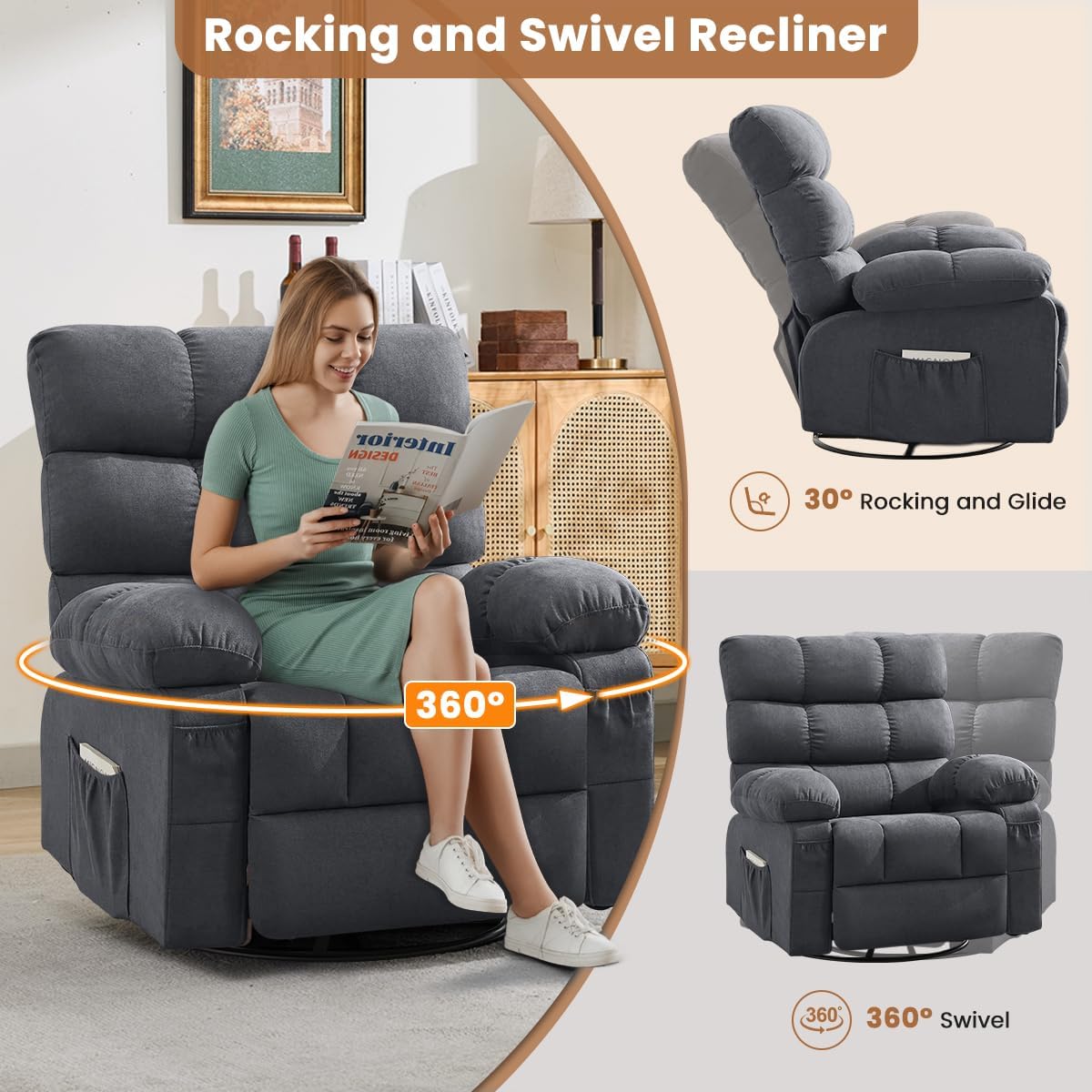 Swivel Rocker Recliner Chair for Adults, 360° Upholstered Manual Recliners for Small Spaces, Single Seat Glider Reclining Chair with Side Pockets, Ergonomic Reading Chair for Living Room, RV, Bedroom