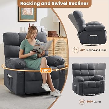 Swivel Rocker Recliner Chair for Adults, 360 Upholstered Manual Recliners for Small Spaces, Single Seat Glider Reclining Chair with Side Pockets, Ergonomic Reading Chair for Living Room, RV, Bedroom