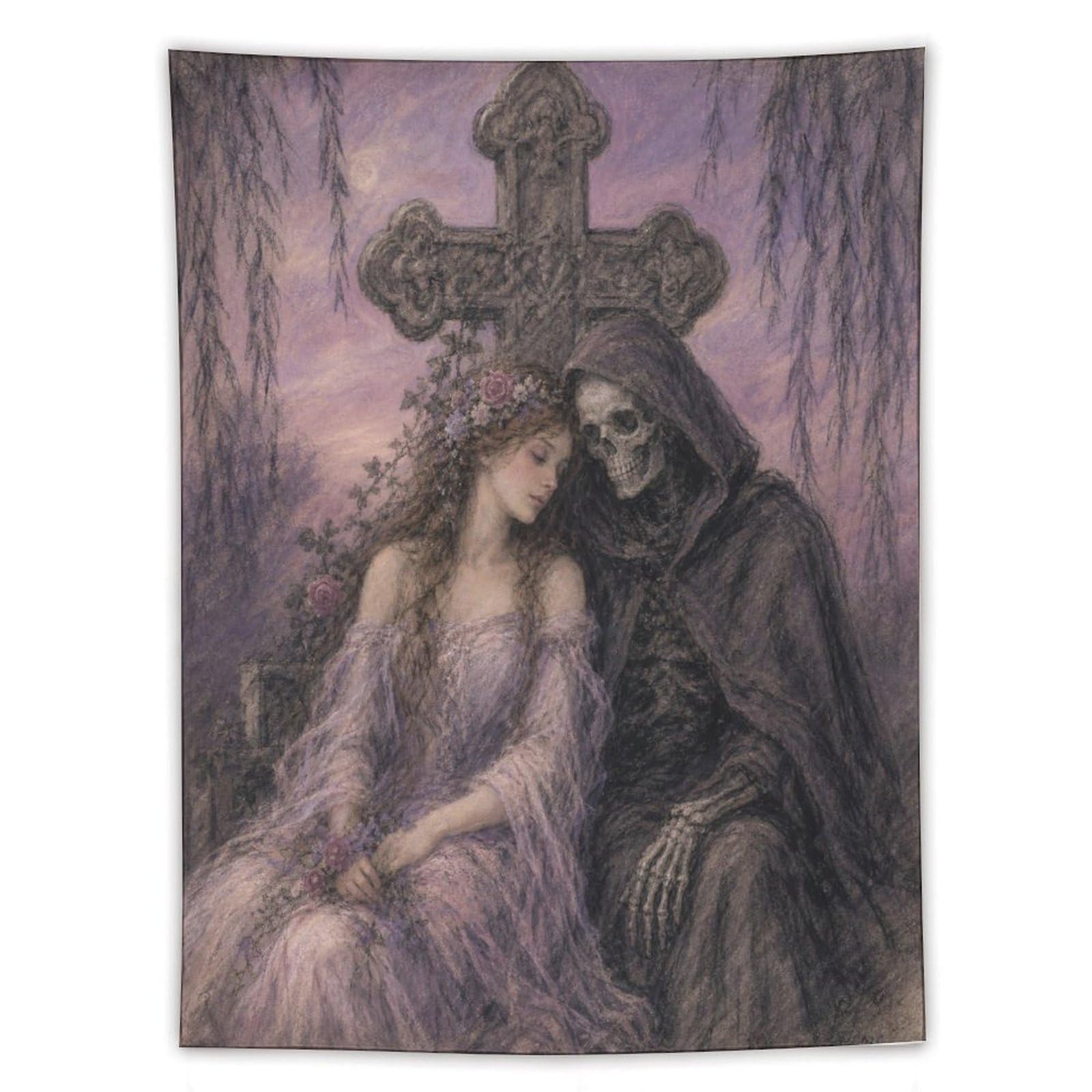 H3B8U2Y5 Gothic Bride with Death Wall Tapestry, Fantasy Illustration, Bed