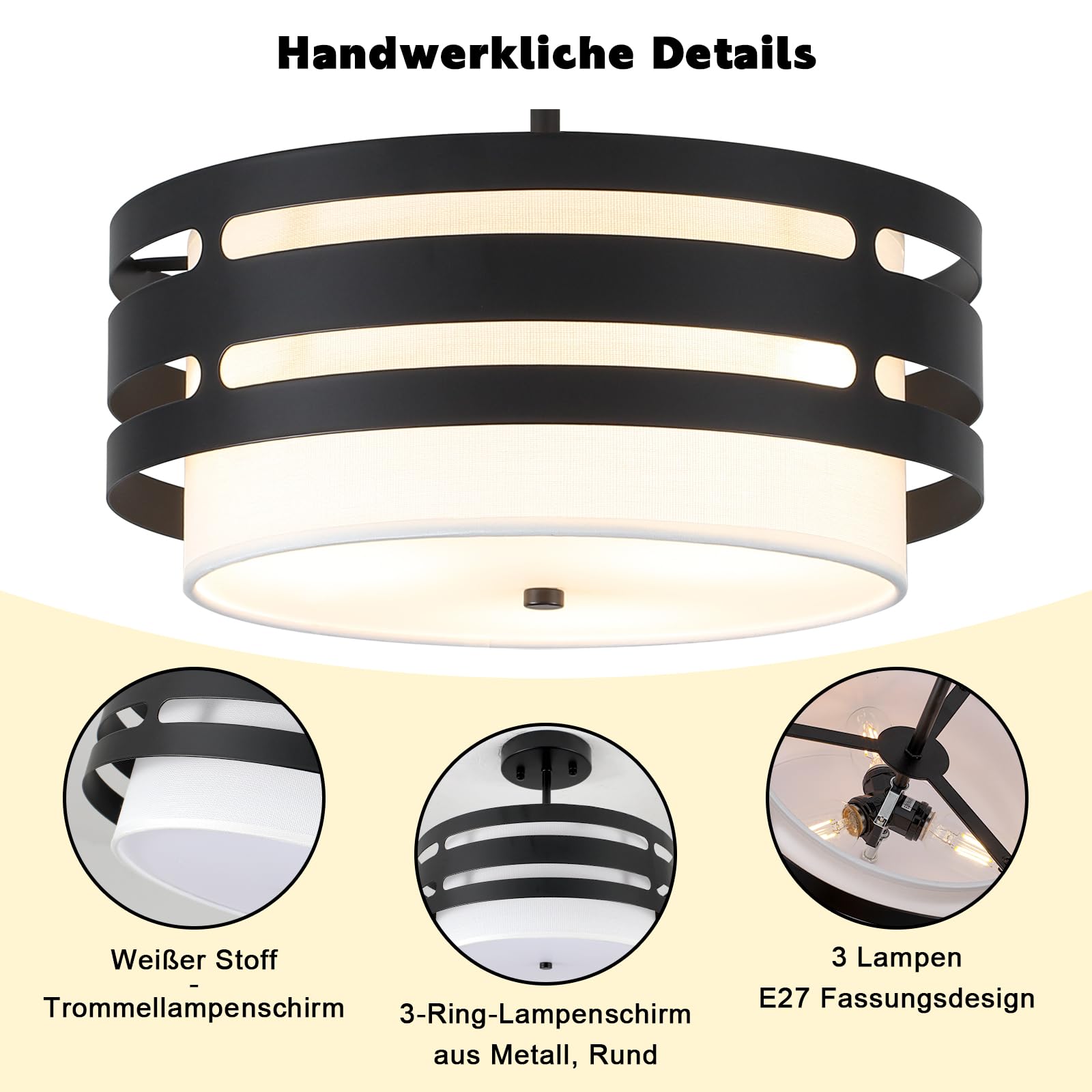 Schwarz Deckenlampe Wohnzimmer, Schwarz Deckenlampen mit Stoffschirm, E27 Deckenleuchte, Ø 32CM Moderne Deckenlampe Kronleuchter für Küche, Flur, Schlafzimmer, Esszimmer