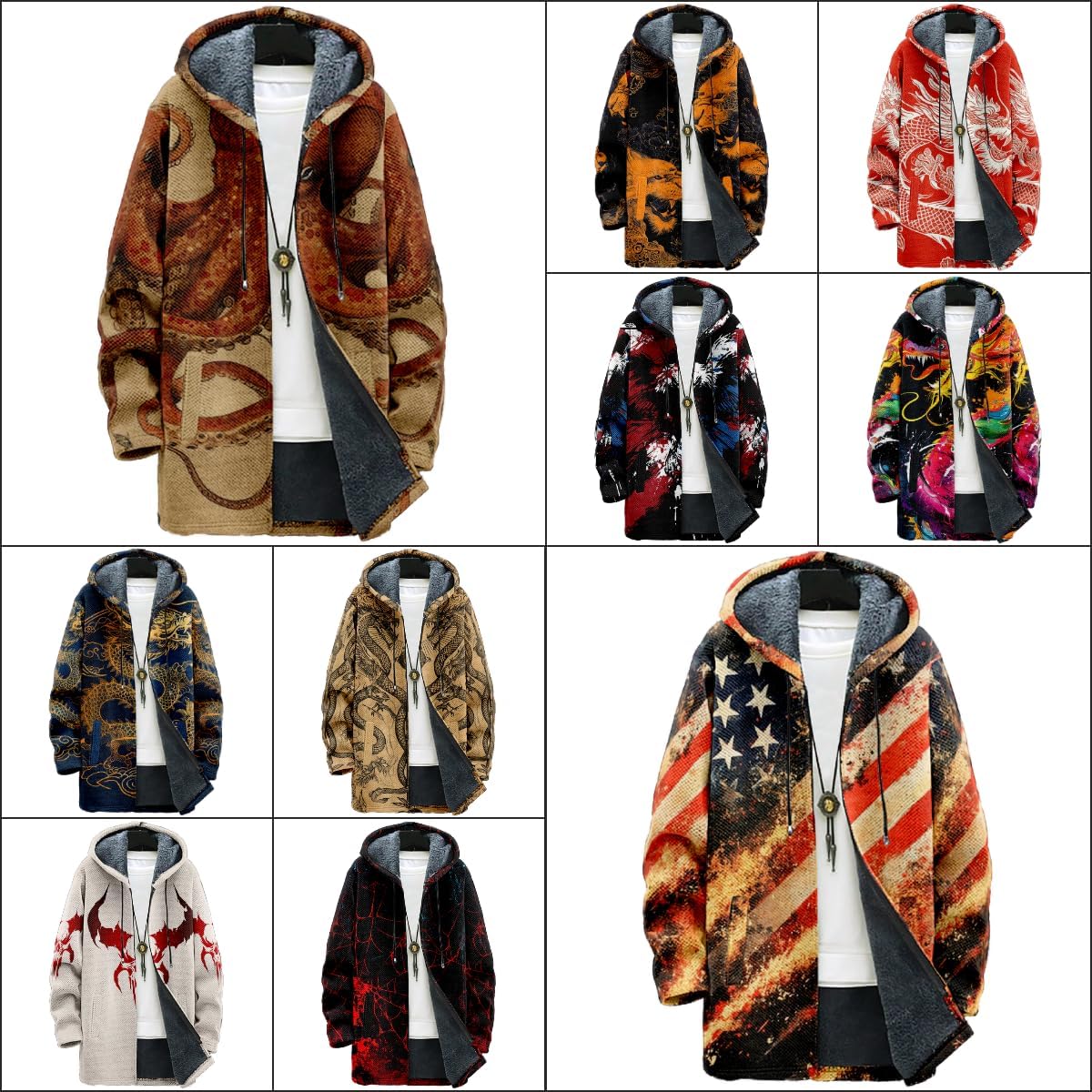 MARSVOVO Mens Zip Up Hoodie Long Fall Fleece Lined Cardigan Fashion Cool Graphic Print Knitted Coats Sherpa Jackets - Image 4