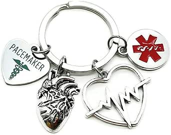 Pacemaker Medical Alert Keychain - Heart ECG EKG Charm With Caduceus Symbol