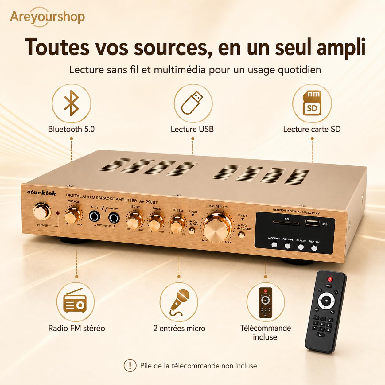Amplificateur stéréo HiFi 2000 W, ultra fin, 5 cm, en aluminium, amplificateur audio surround AV surround, Bluetooth 5.0, home cinéma, lecture SD/USB, FM Radi