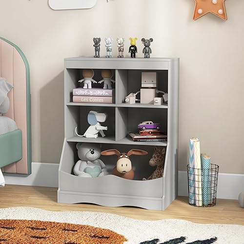 Miniatura 9 de HONEY JOY Organizador de almacenamiento de juguetes para niños con estantería, armario de almacenamiento de organización de 4 compartimentos con