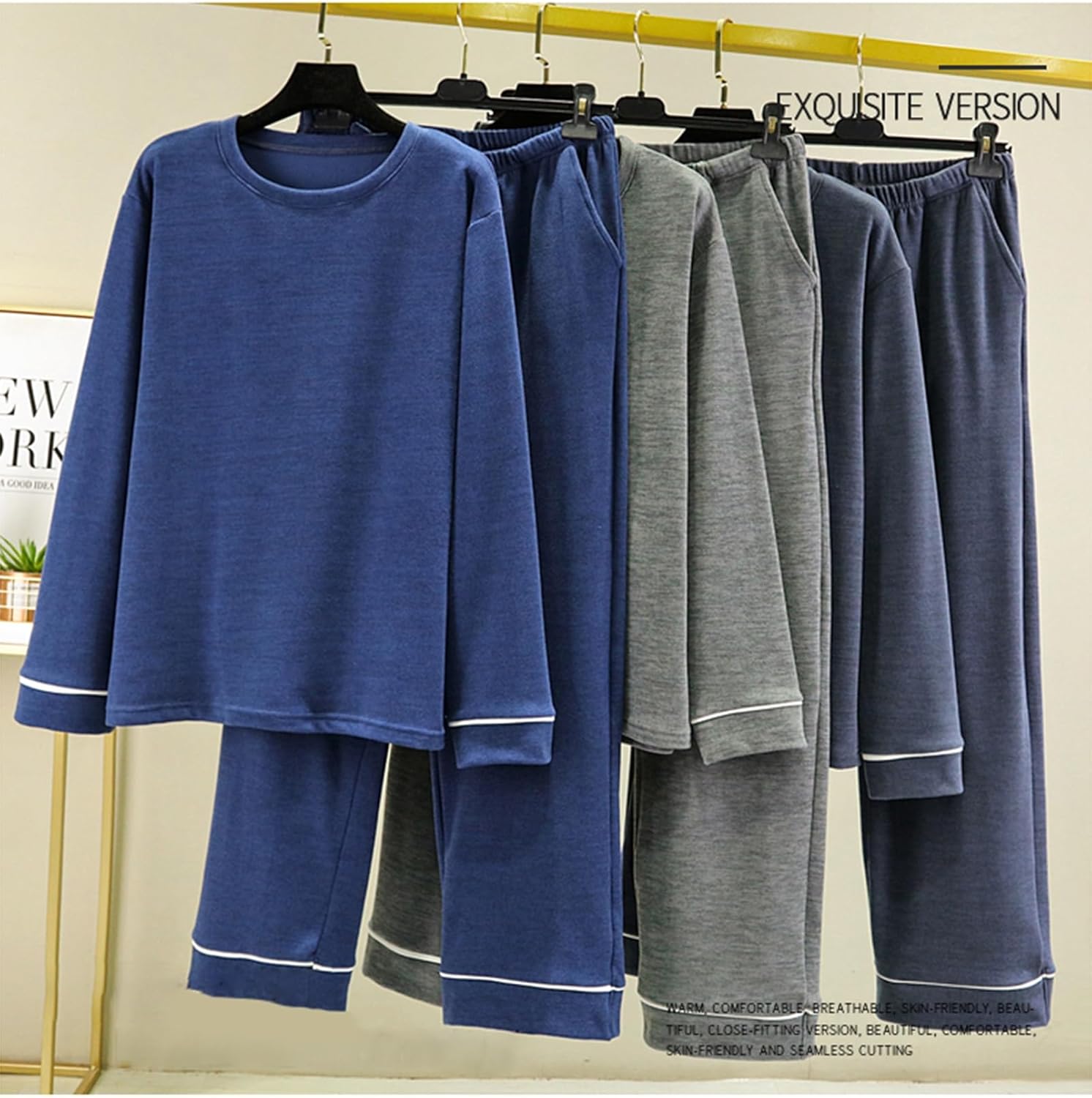 Men's Base Layer Thermal Underwear Set Long Sleeve Crew Neck Fleece Top and Bottom Lounge Set 4XL-6XL