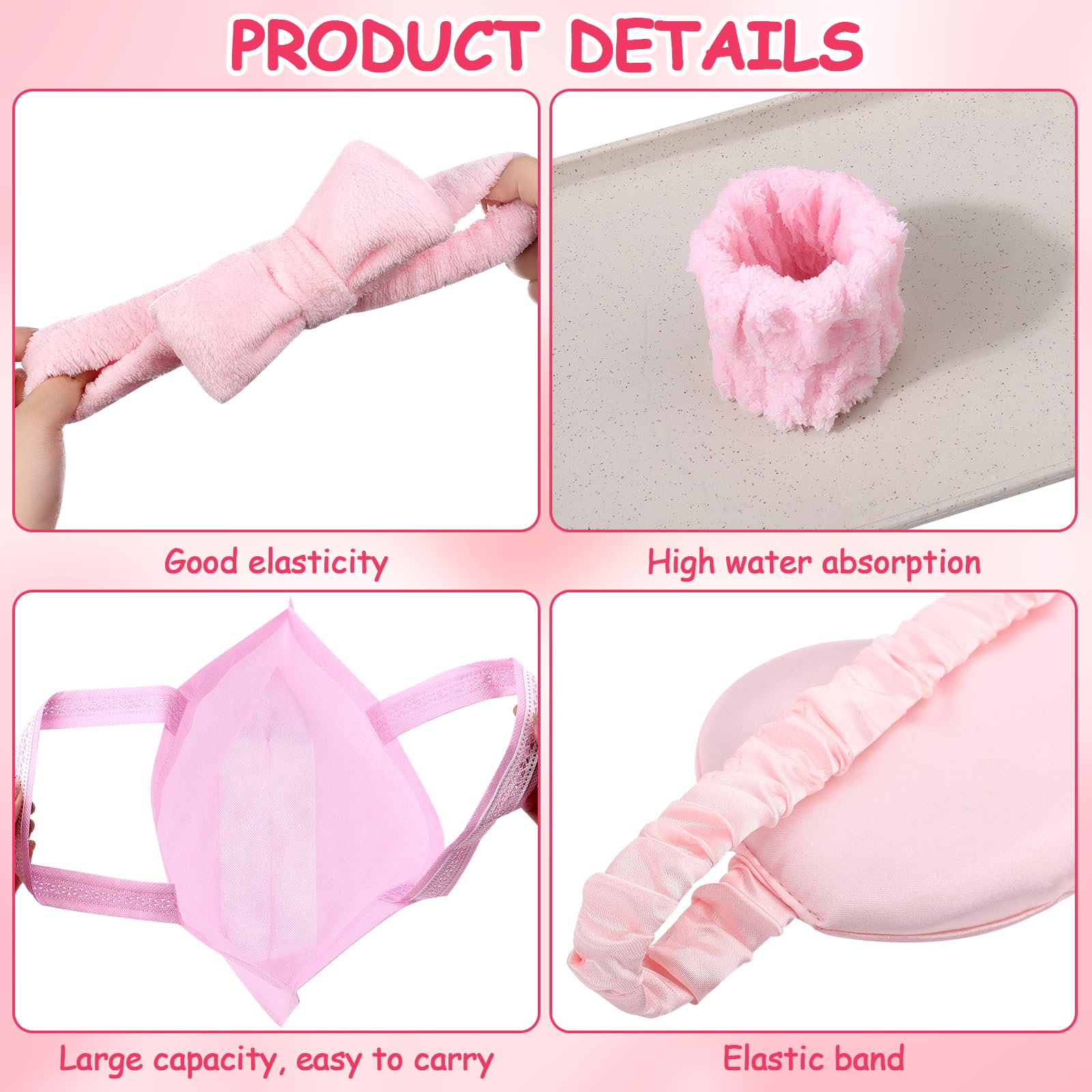 42 Pcs Sleepover Party Supplies for Girls Skincare Headband and Wristband Set Sleepover Party Favors with Satin Headband Wrist Band Eye Mask Hair Band Pink Non-Woven Bag - Image 4